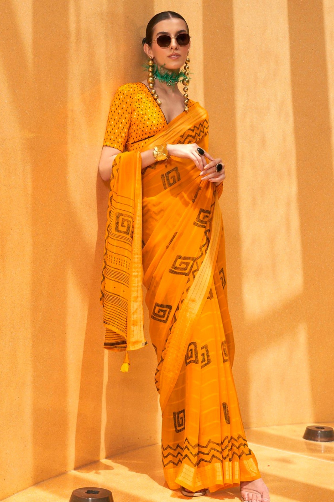 Buy MySilkLove Turmeric Yellow Georgette Printed Saree Online