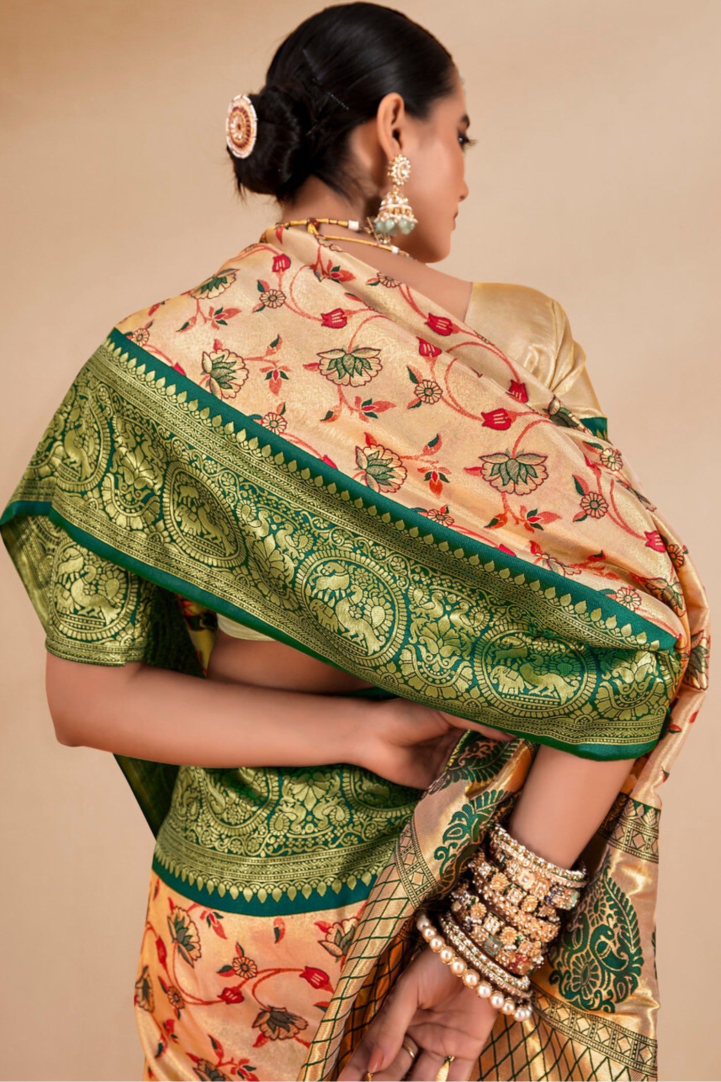 MySilkLove Twine Cream and Green Zari Woven Banarasi Saree