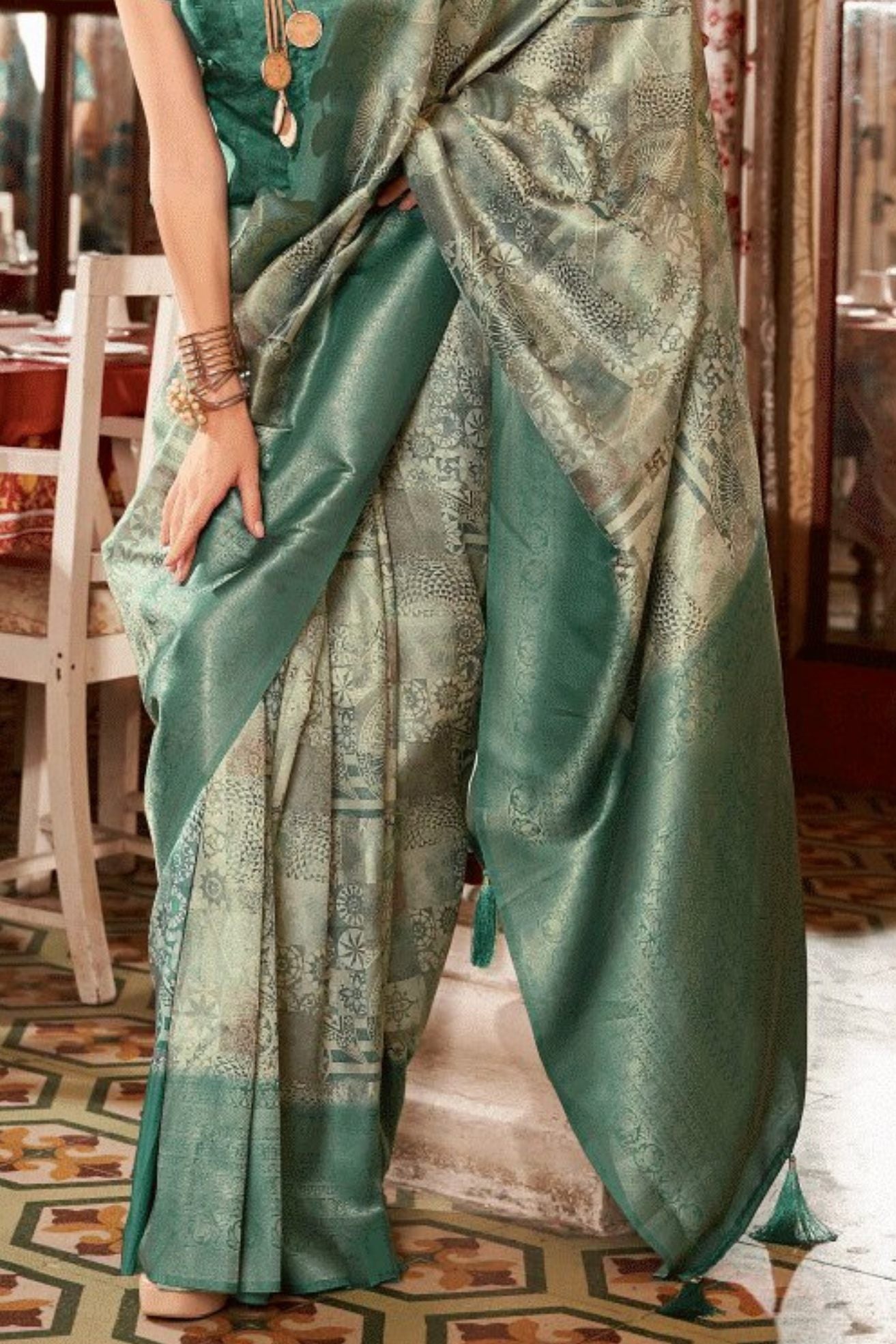 Buy MySilkLove Sage Green Banarasi Digital Printed Saree Online