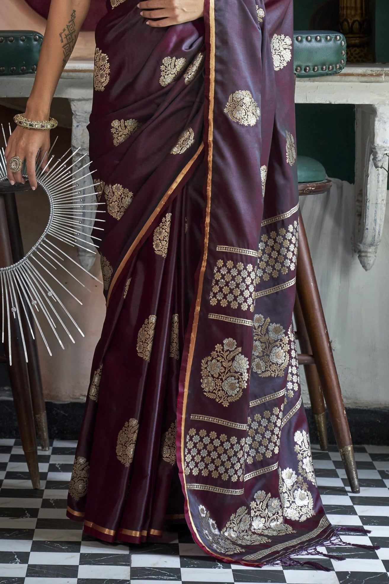 Buy MySilkLove Cocoa Brown Banarasi Handloom Satin Saree Online