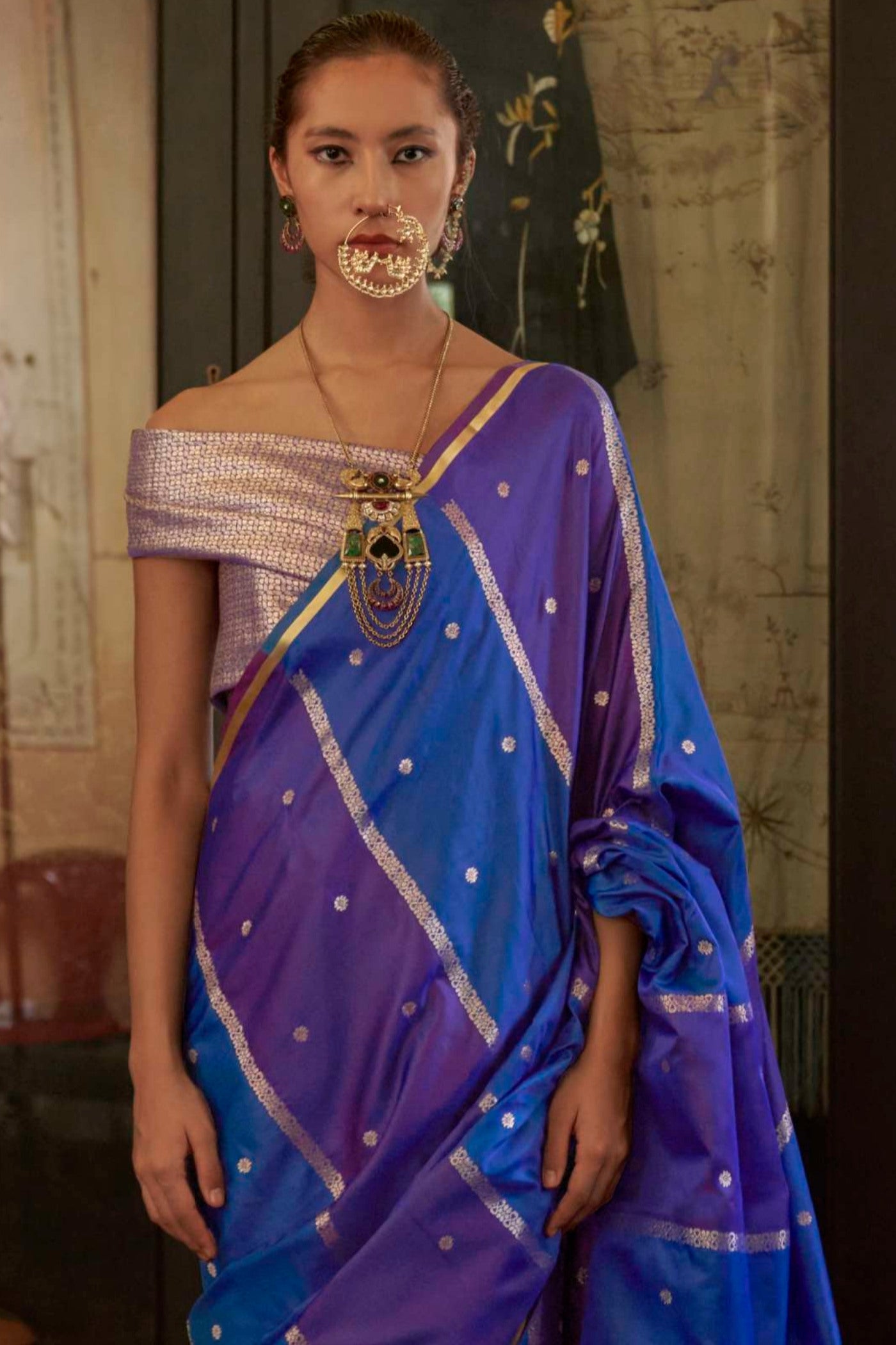 Buy MySilkLove Misty Blue Handloom Rangkat Banarasi Satin Silk Saree Online