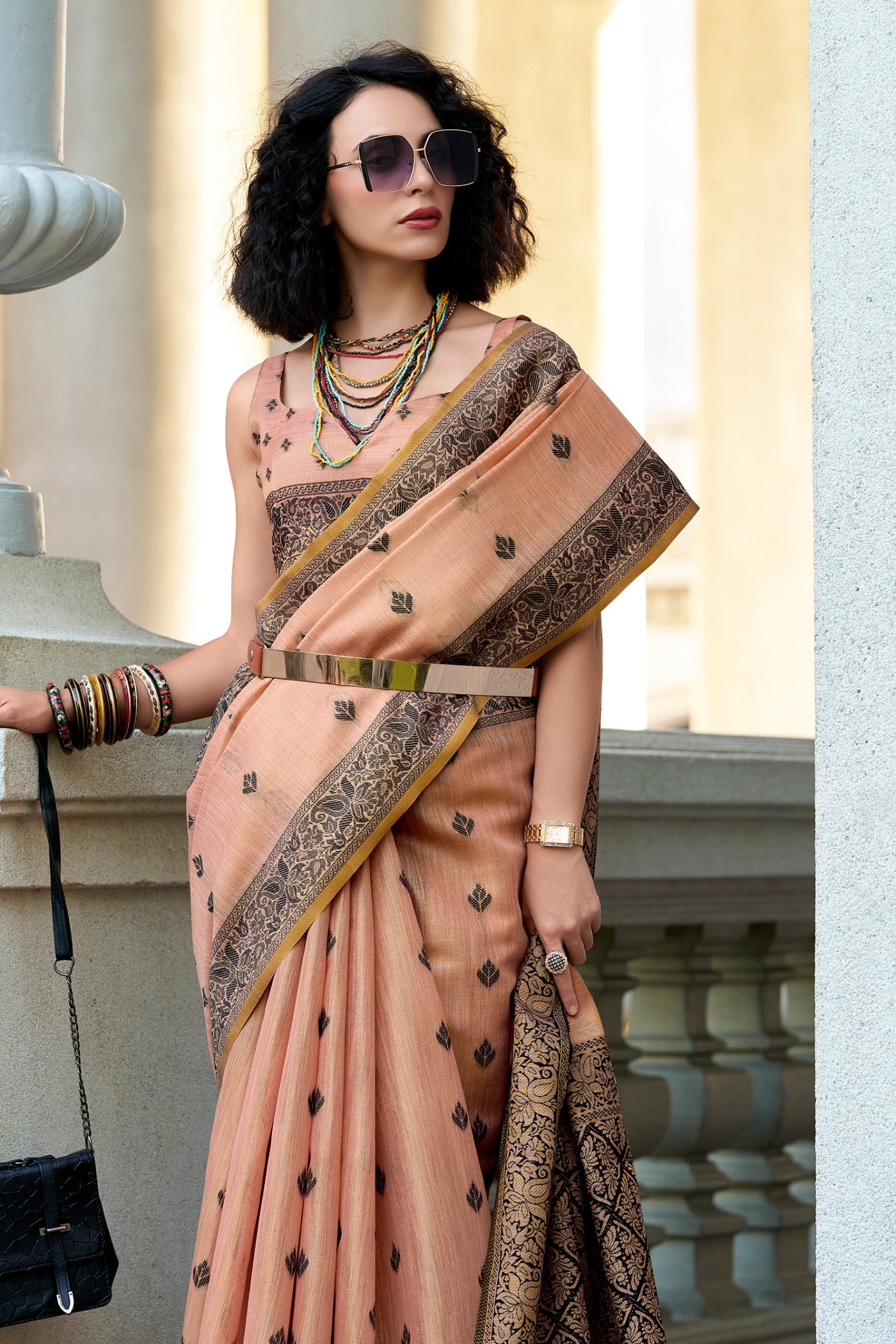 Buy MySilkLove Warm Peach Tissue Linen Saree Online