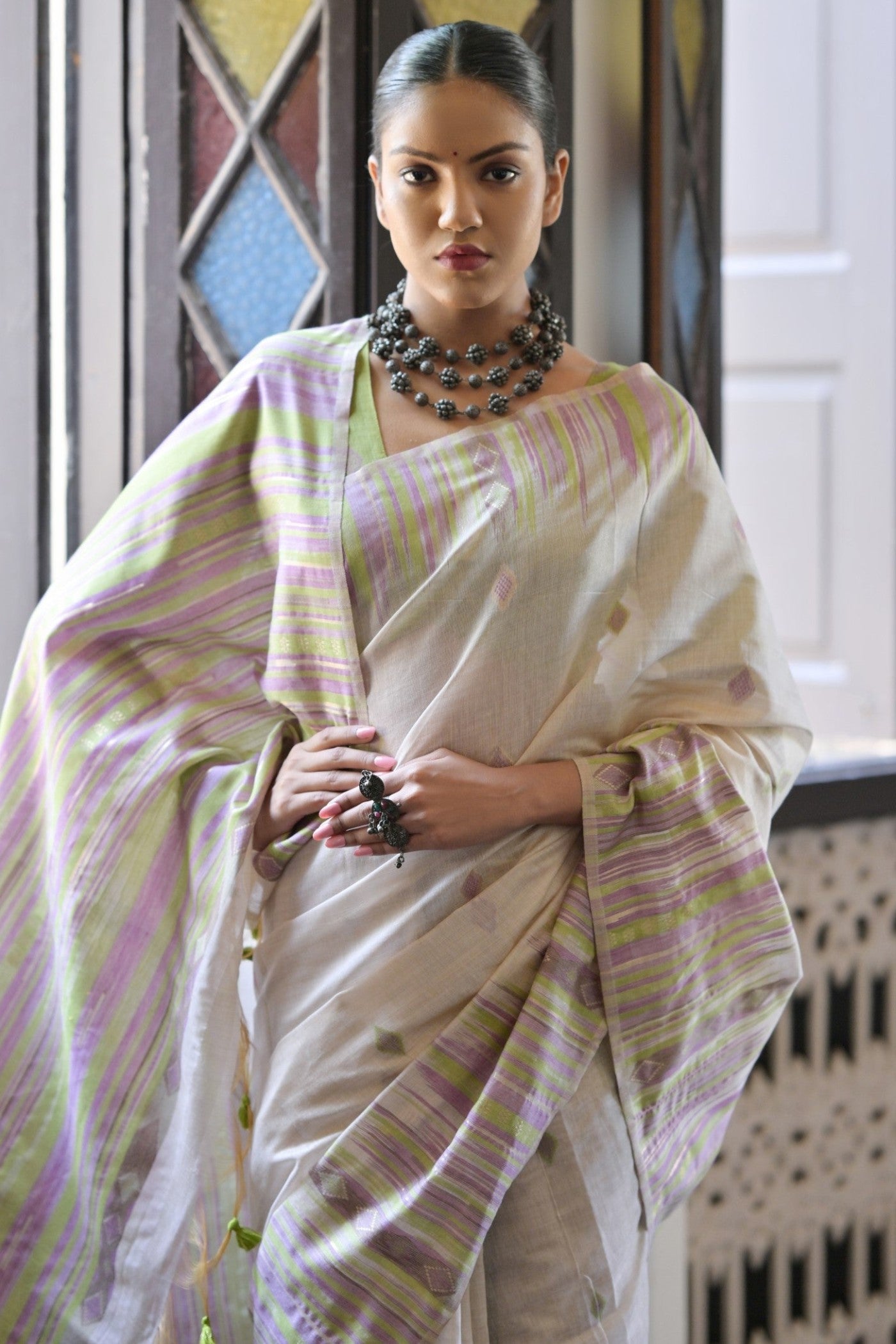 Buy MySilkLove White Rose and Green Muga Cotton Saree Online