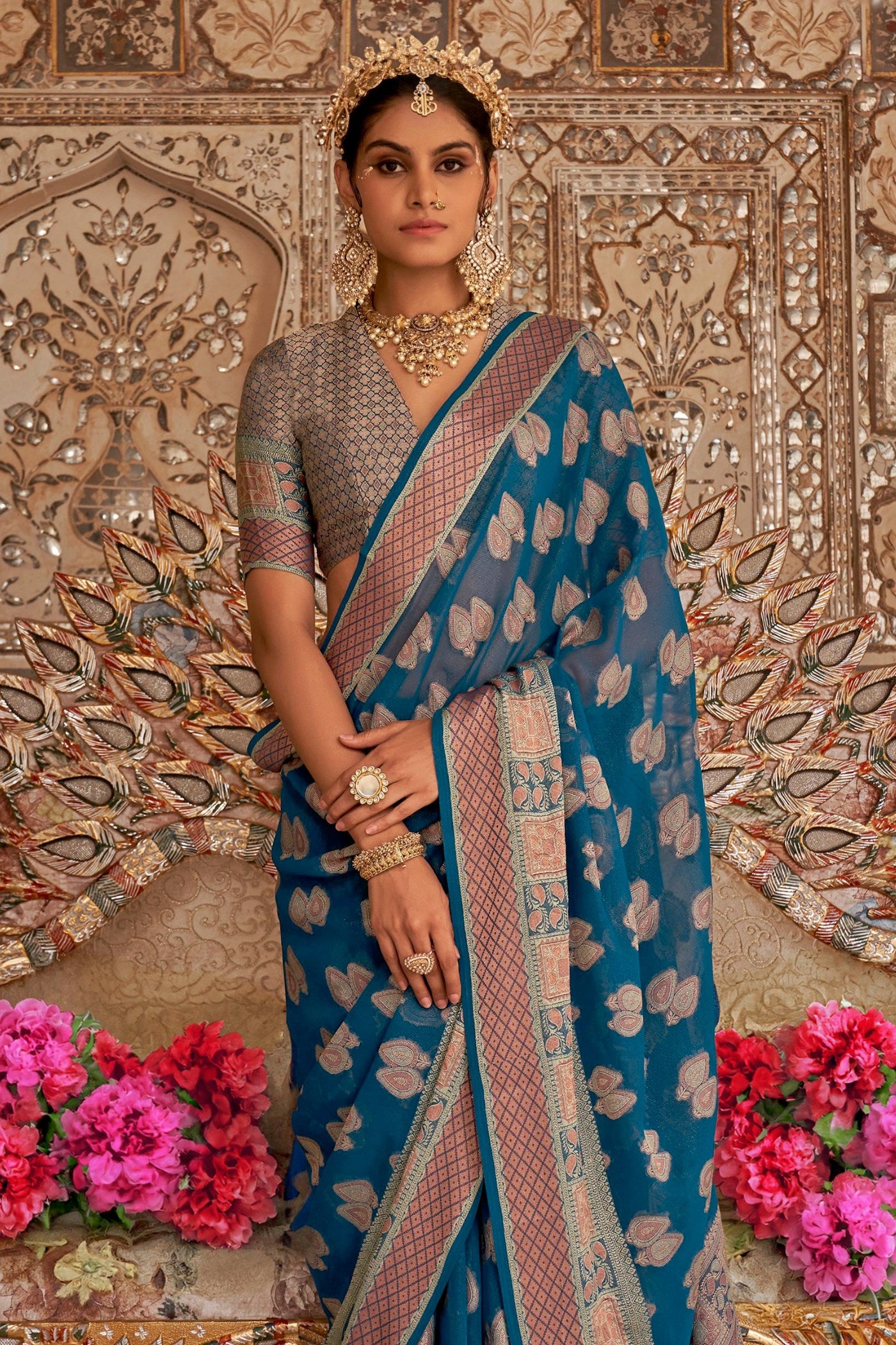 Buy MySilkLove Cobalt Blue Zari Woven Georgette Saree Online