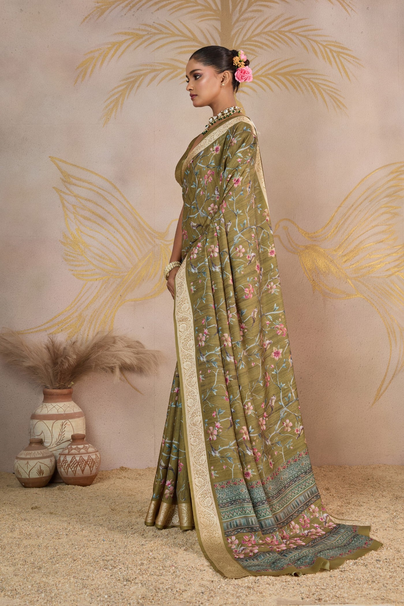 Buy MySilkLove Opulent Green Viscose Digital Printed Saree Online