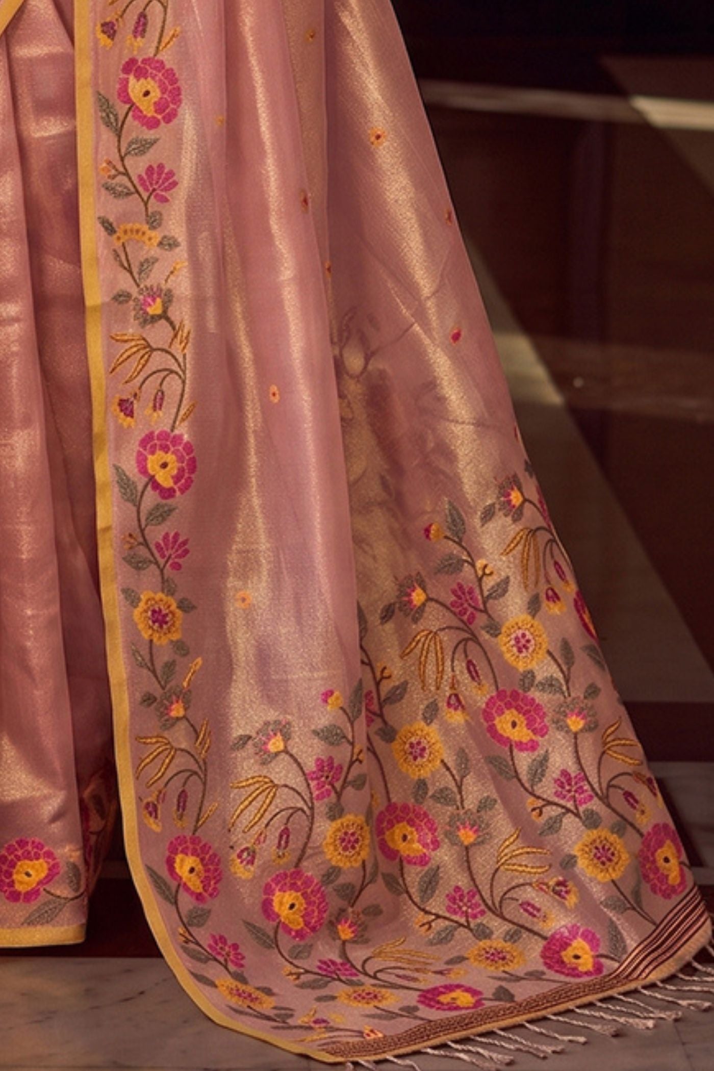Buy MySilkLove Blush Pink Woven Floral Tissue Saree Online