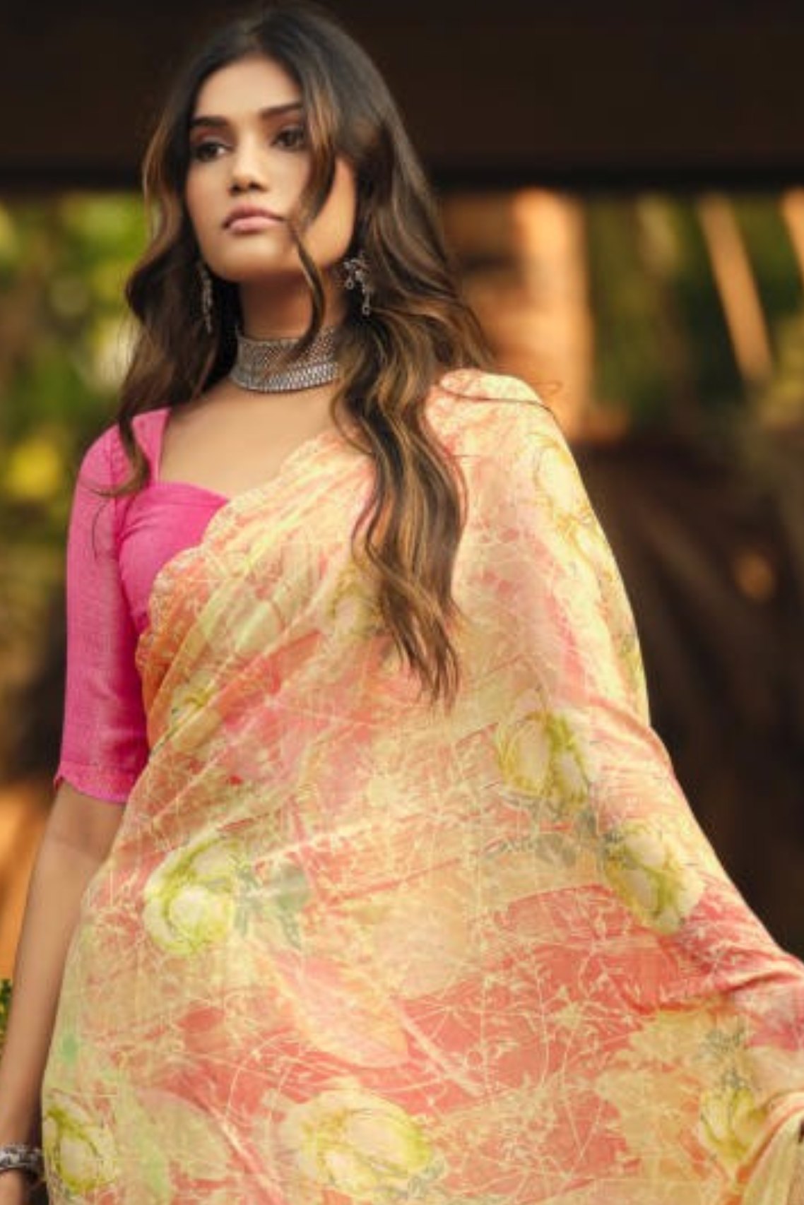 Buy MySilkLove Corvette Yellow and Pink Barasso Printed Saree Online