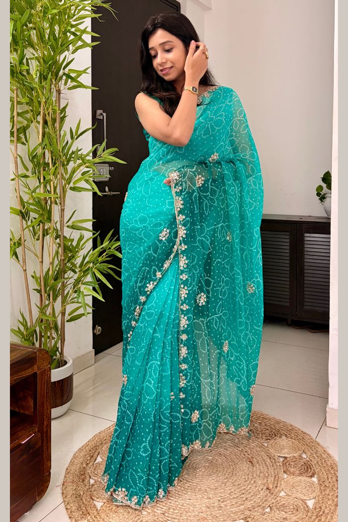 Buy MySilkLove Aqua Teal Georgette Chiffon Bead Work Saree Online