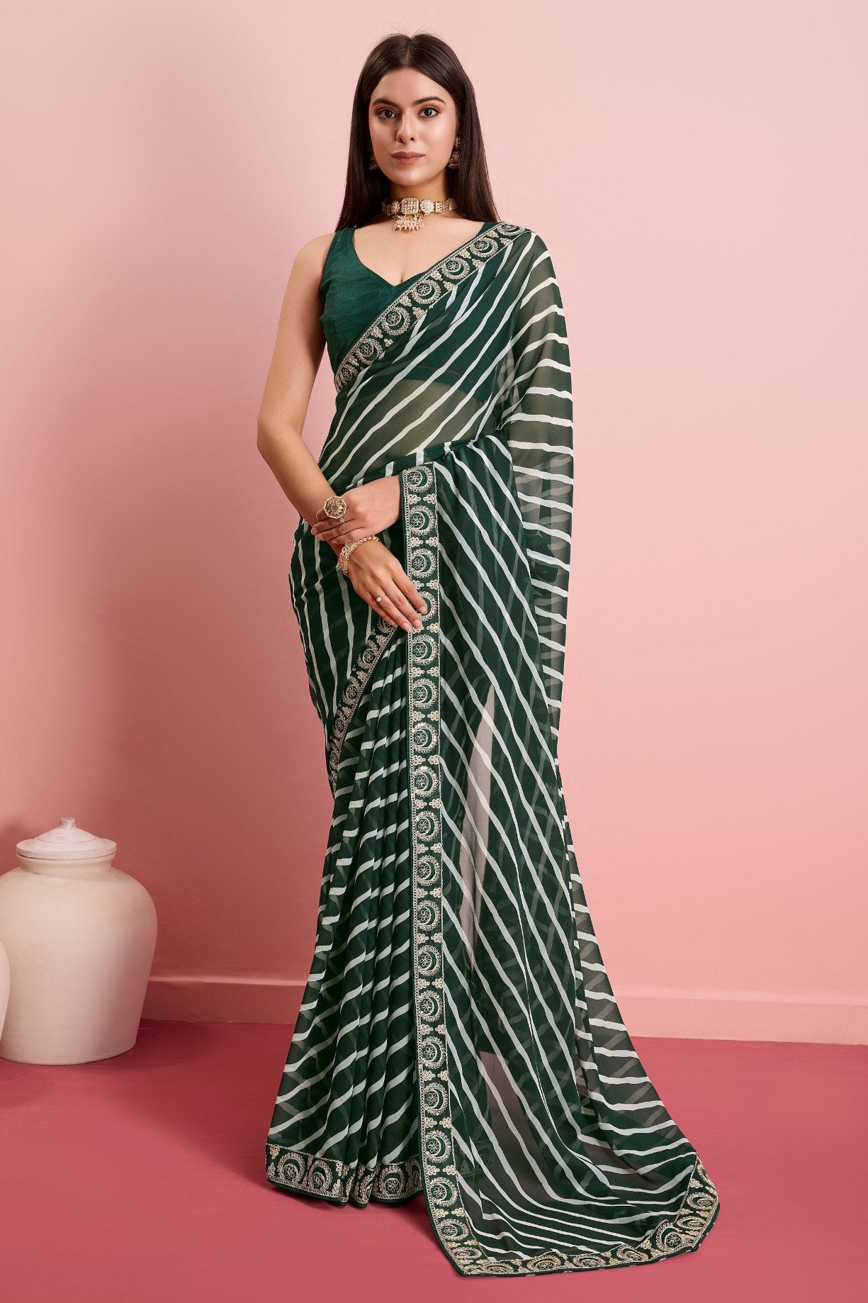 Buy MySilkLove Cape Cod Green Georgette Lehriya Silk saree Online