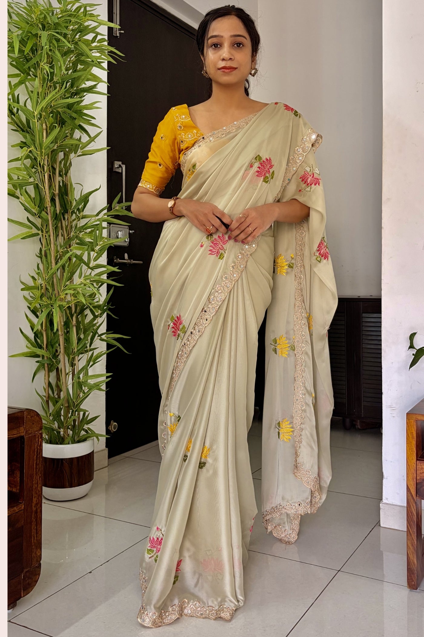 Buy MySilkLove Dutch Cream and Yellow Embroidery Chiffon Floral Saree Online