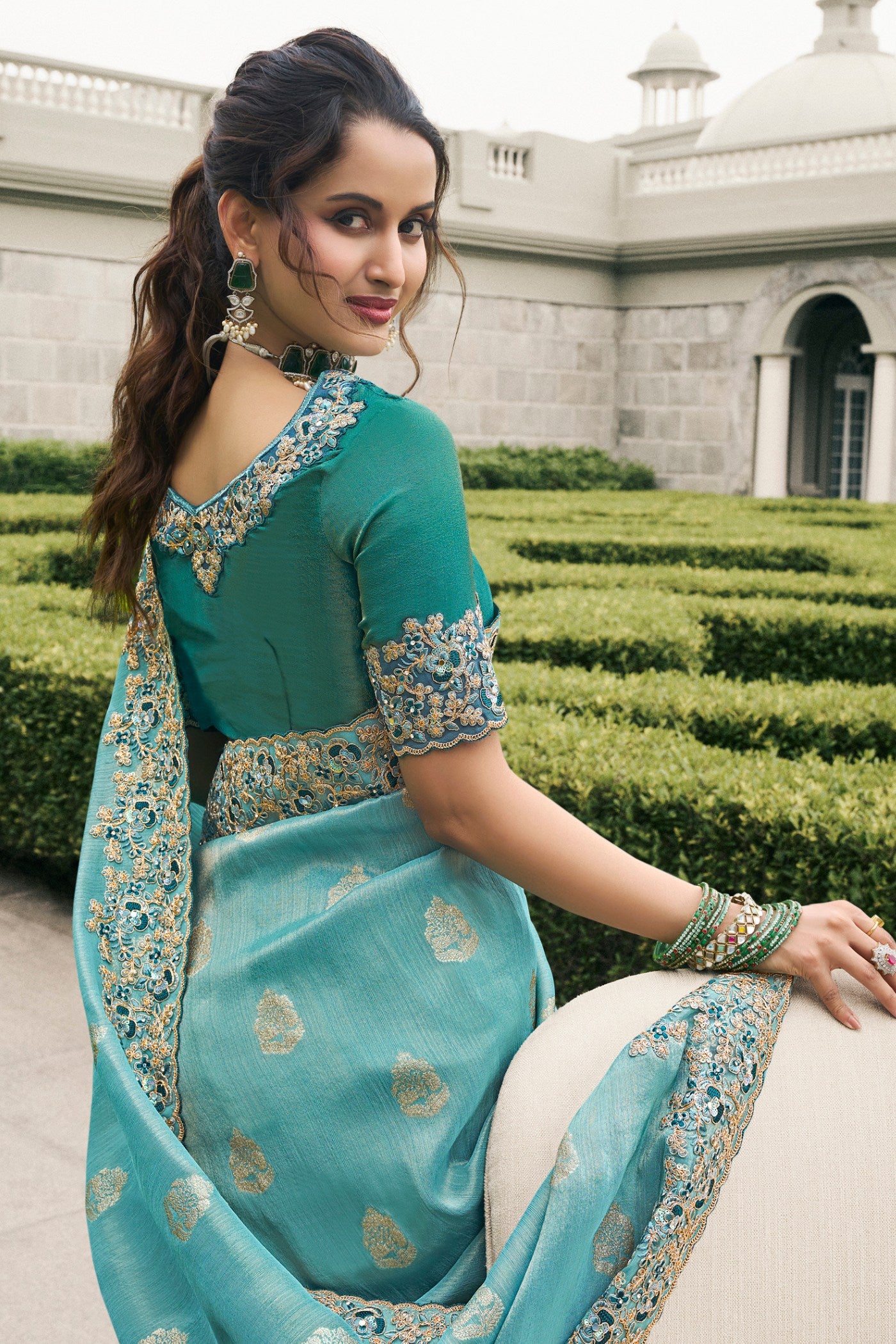 Buy MySilkLove Sky Blue Banarasi Designer Embroidered Saree Online