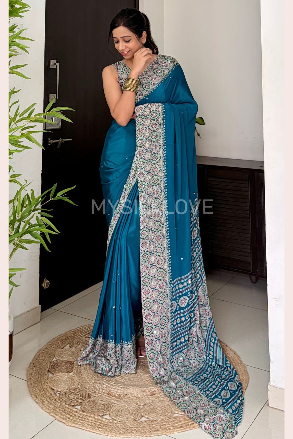 Buy MySilkLove Paris Green Ajrakh Modal Mirror Work Satin Silk Saree Online