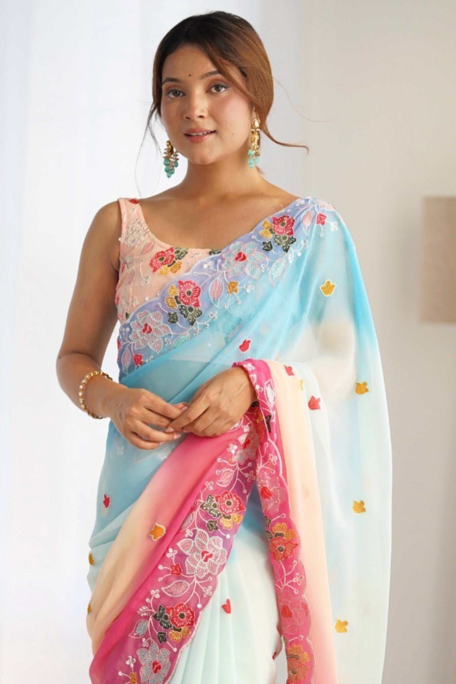 Buy MySilkLove Smokey Blue and Pink Georgette Saree Online