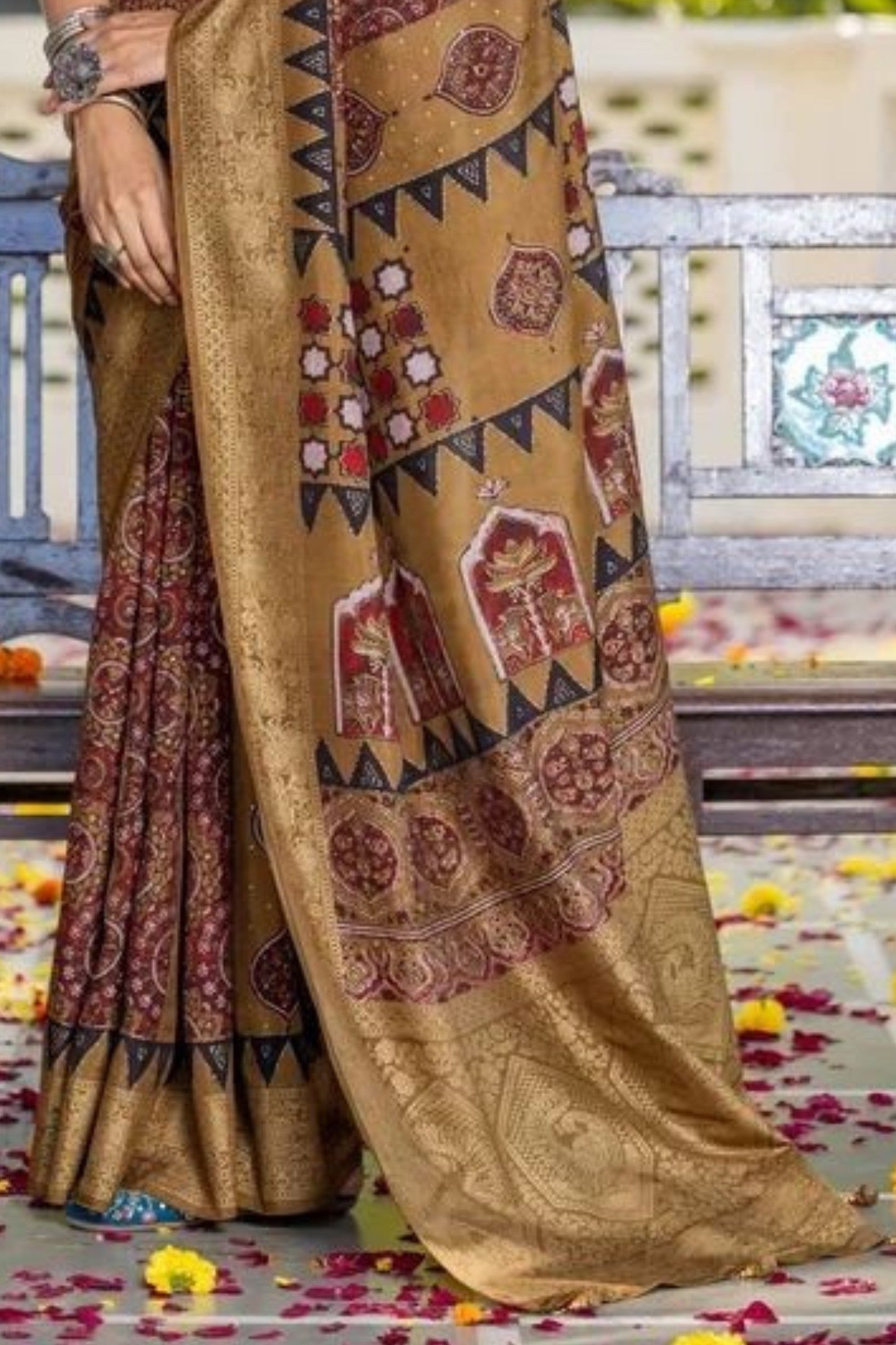 Buy MySilkLove Dusty Brown Ajrakh Digital Printed Satin Saree Online