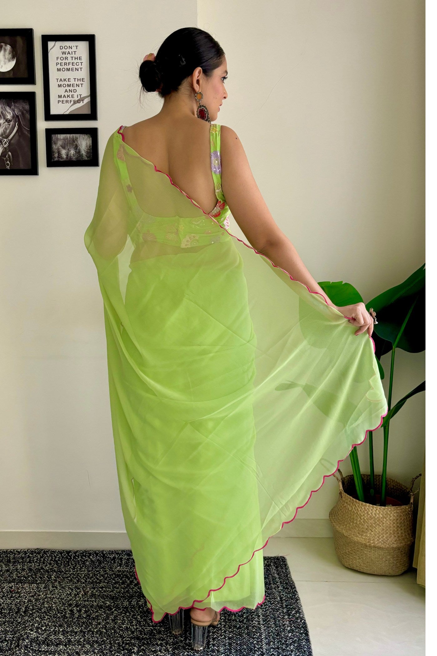 MySilkLove Pear Green Gerogette Saree