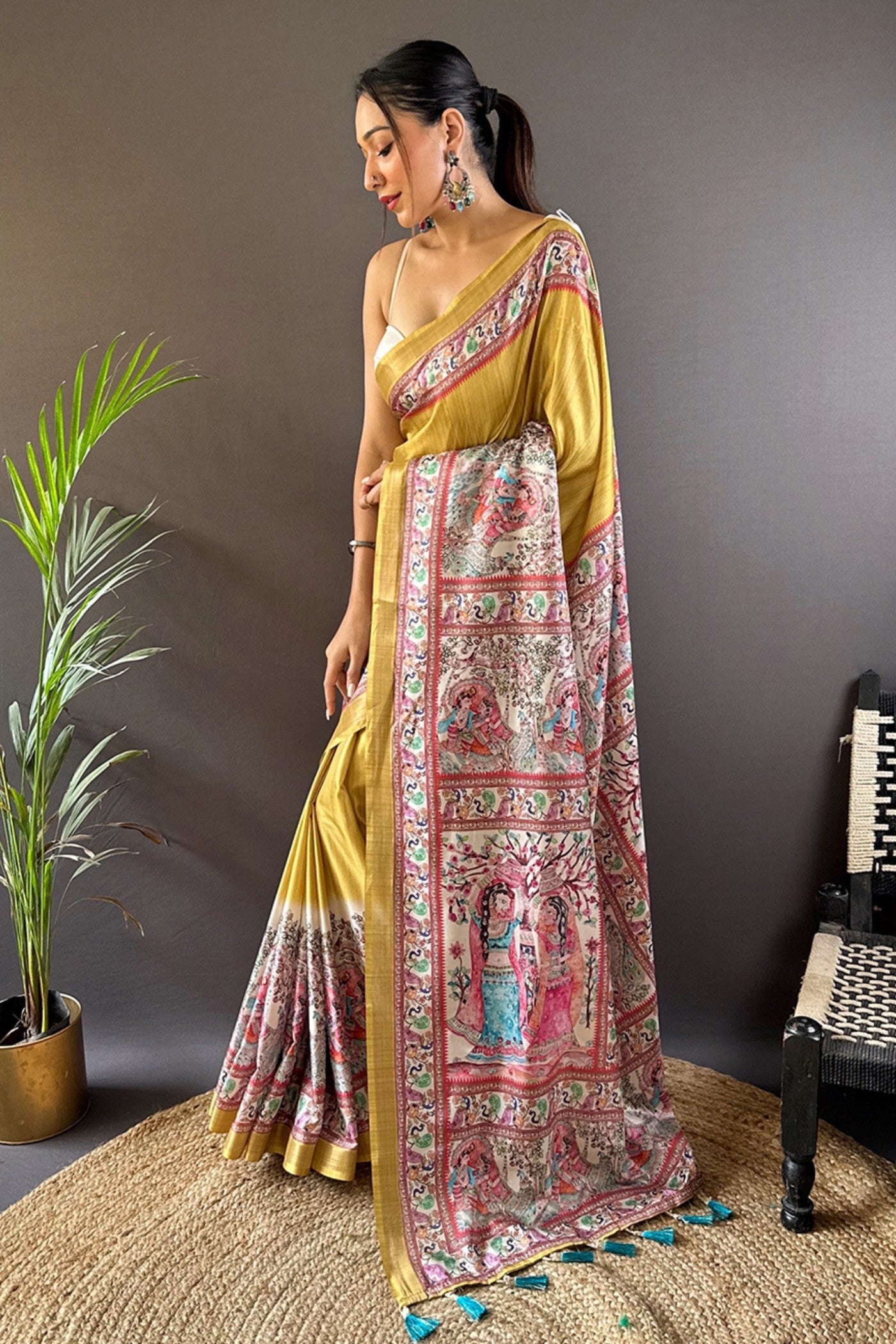 Buy MySilkLove Anzac Yellow Madhubani Printed Tussar Silk Saree Online