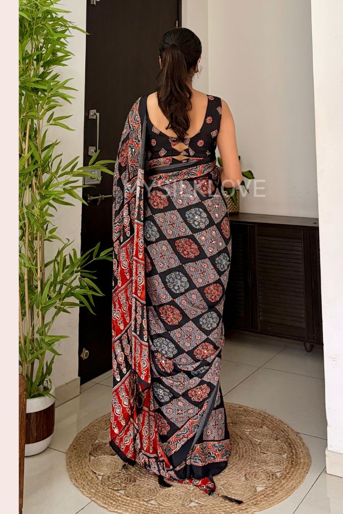 Buy MySilkLove Flint Black Ajrakh Modal Mirror Work Satin Silk Saree Online