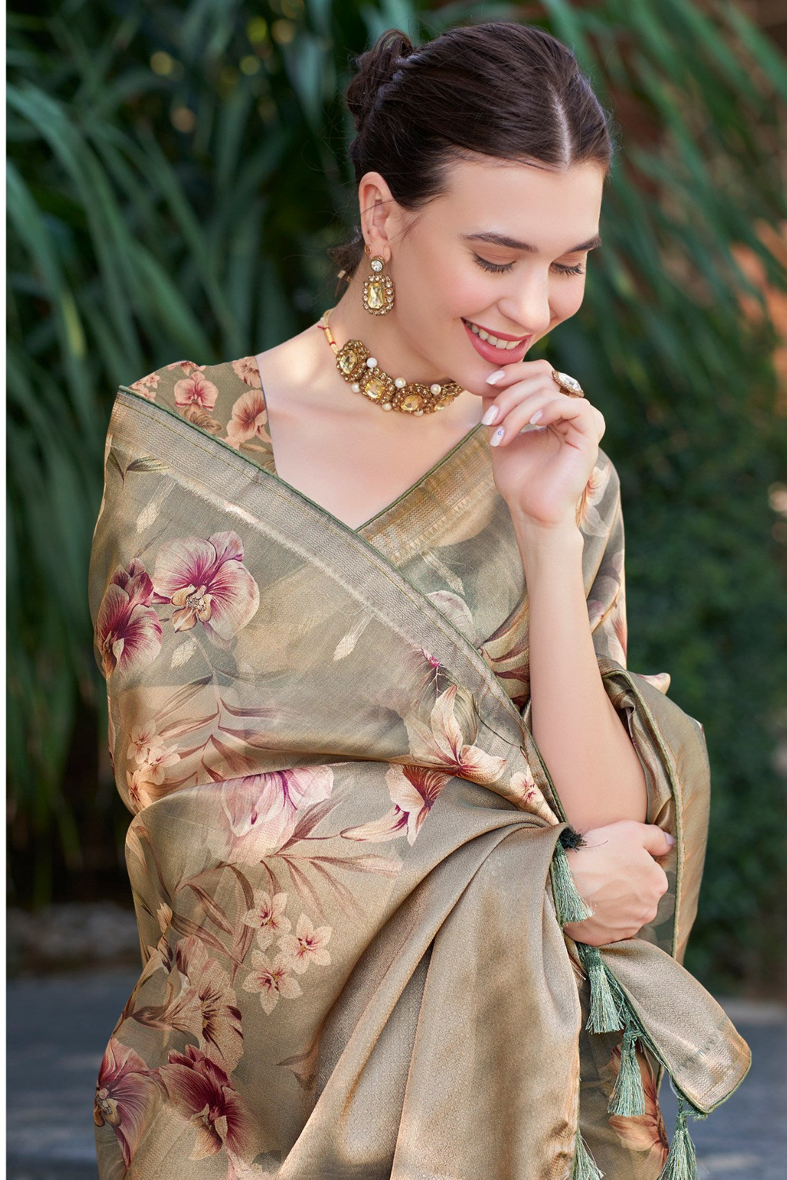 Buy MySilkLove Beaver Brown Digital Printed Organza Saree Online