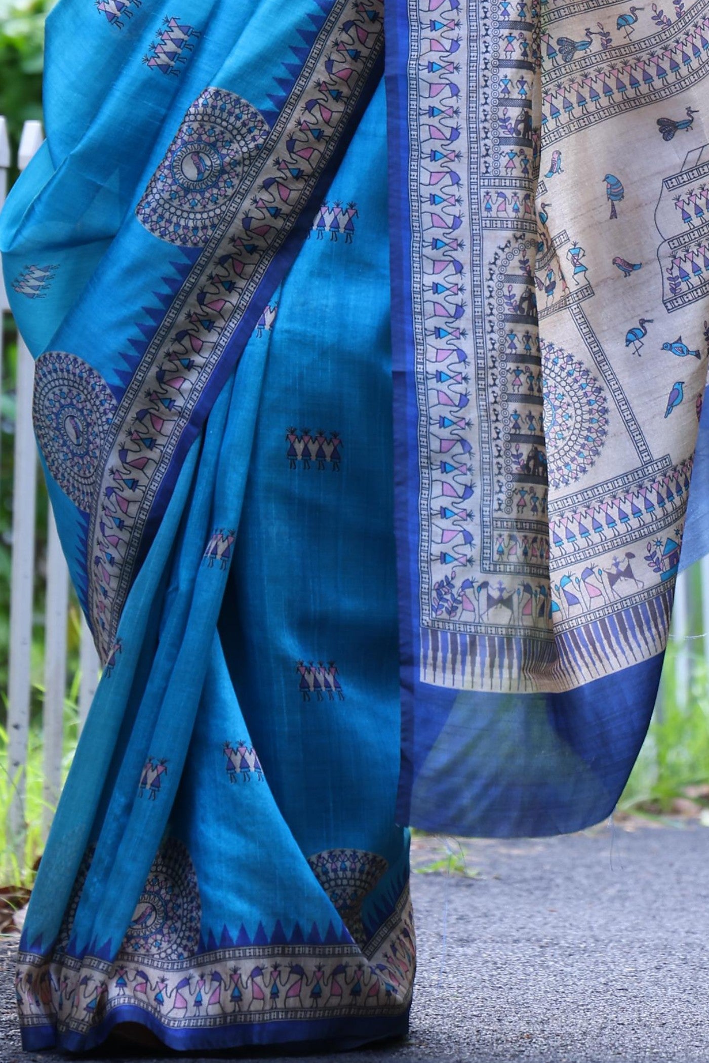 Buy MySilkLove Celtic Blue Madhubani Tussar Printed Silk Saree Online