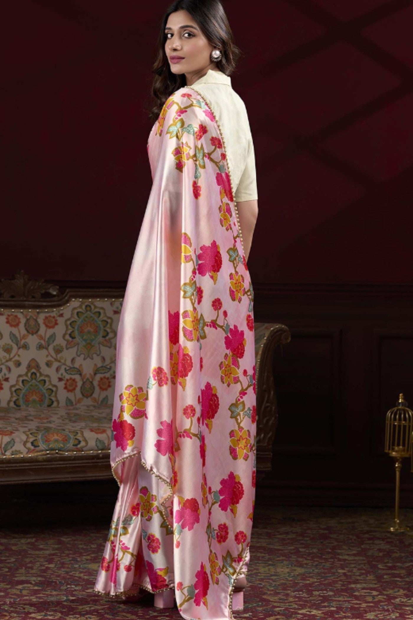 Buy MySilkLove Malibu Peach Floral Printed Satin Silk Saree Online