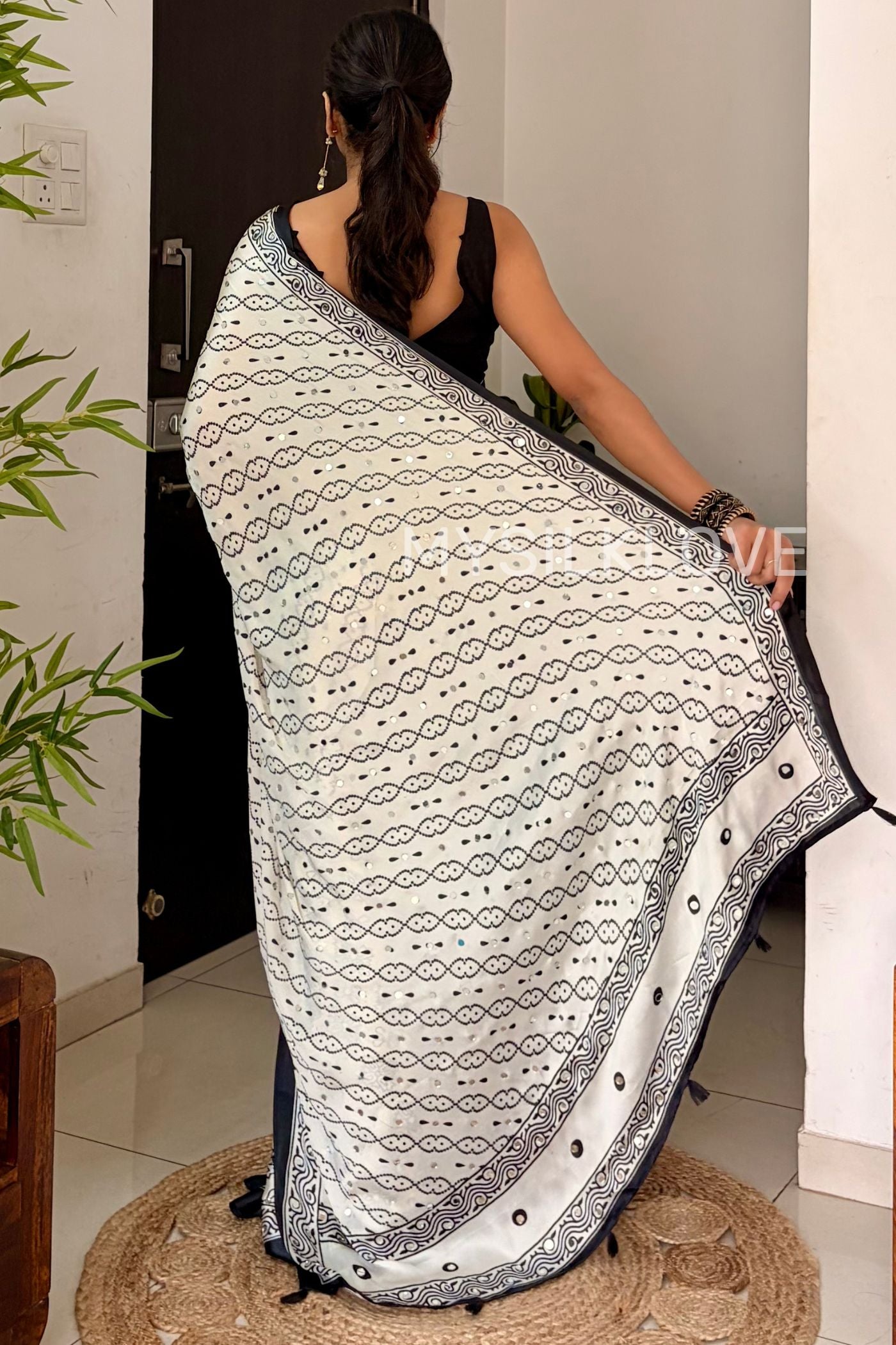 Buy MySilkLove Coconut White and Black Satin Printed Silk Saree Online