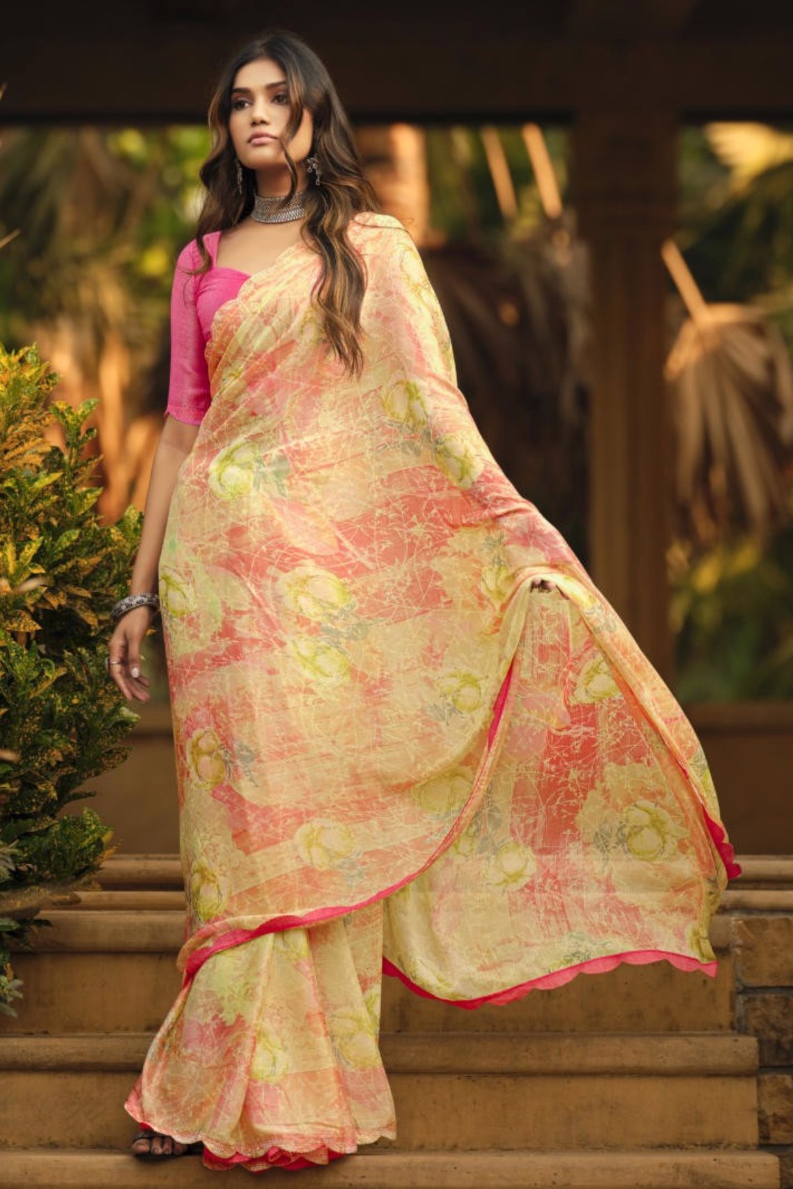 Buy MySilkLove Corvette Yellow and Pink Barasso Printed Saree Online