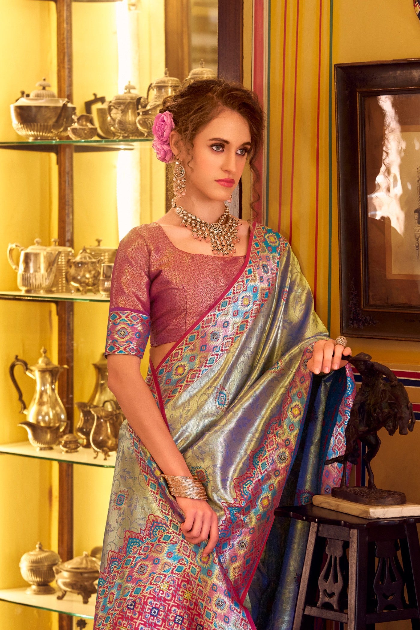 Buy MySilkLove Blue Dewdrop Woven Tissue Patola Silk Saree Online