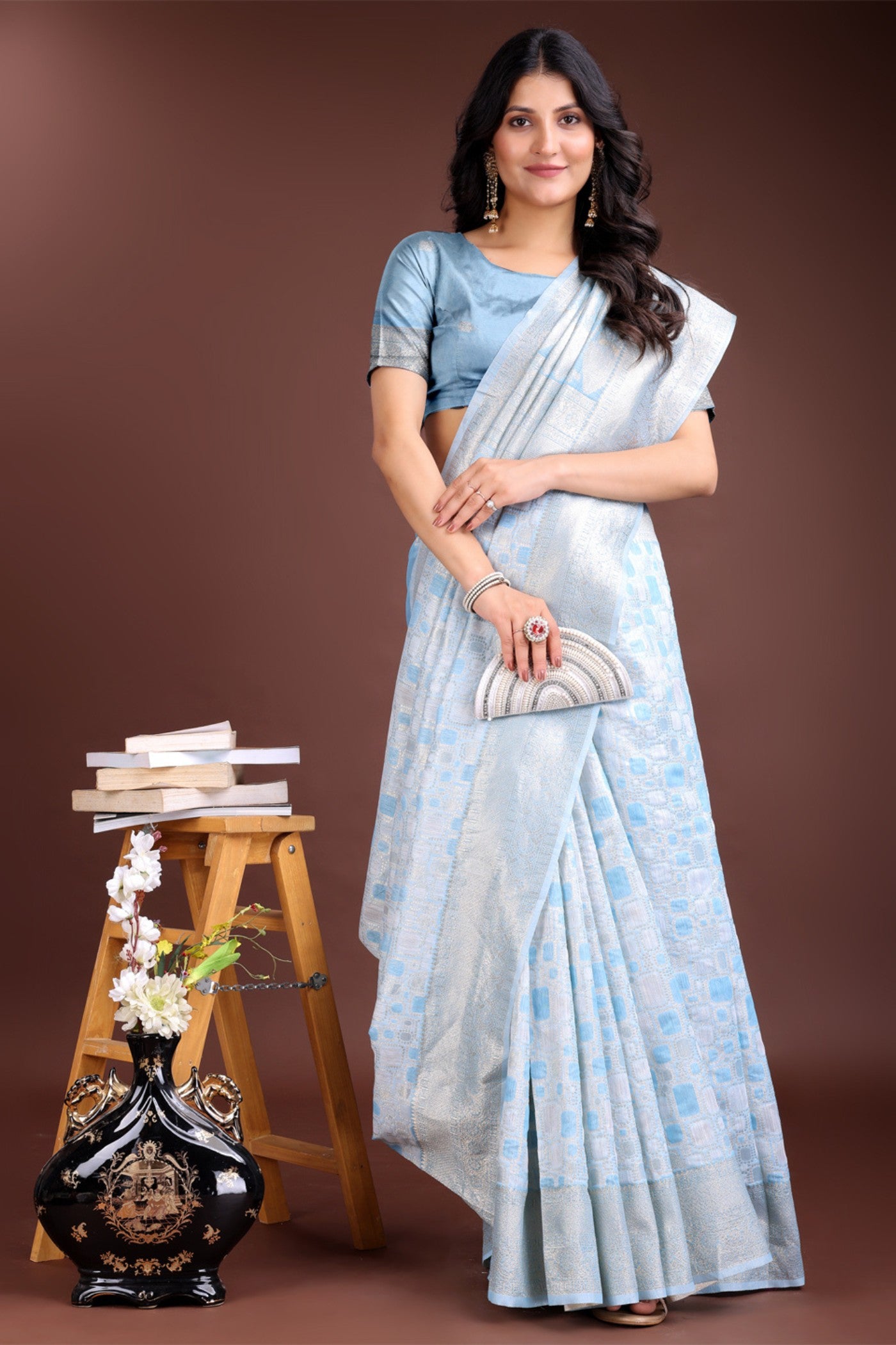 Buy MySilkLove Surfin Blue Woven Linen Cotton Saree Online