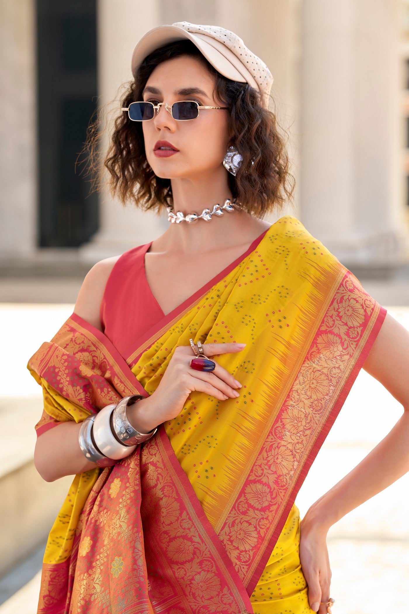 Buy MySilkLove Fuel Yellow Woven Banarasi Bandhani Soft Silk Saree Online