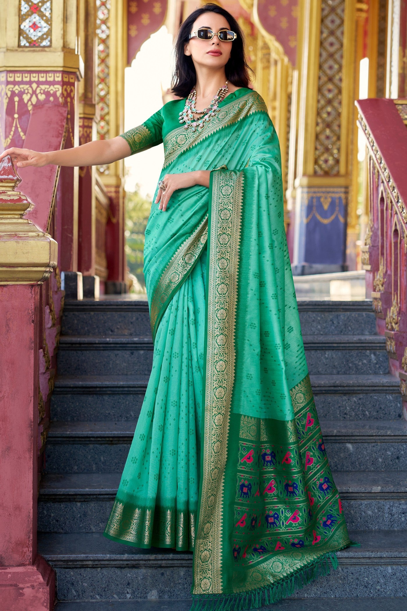 Buy MySilkLove Puerto Rico Green Woven Tussar Silk Saree Online