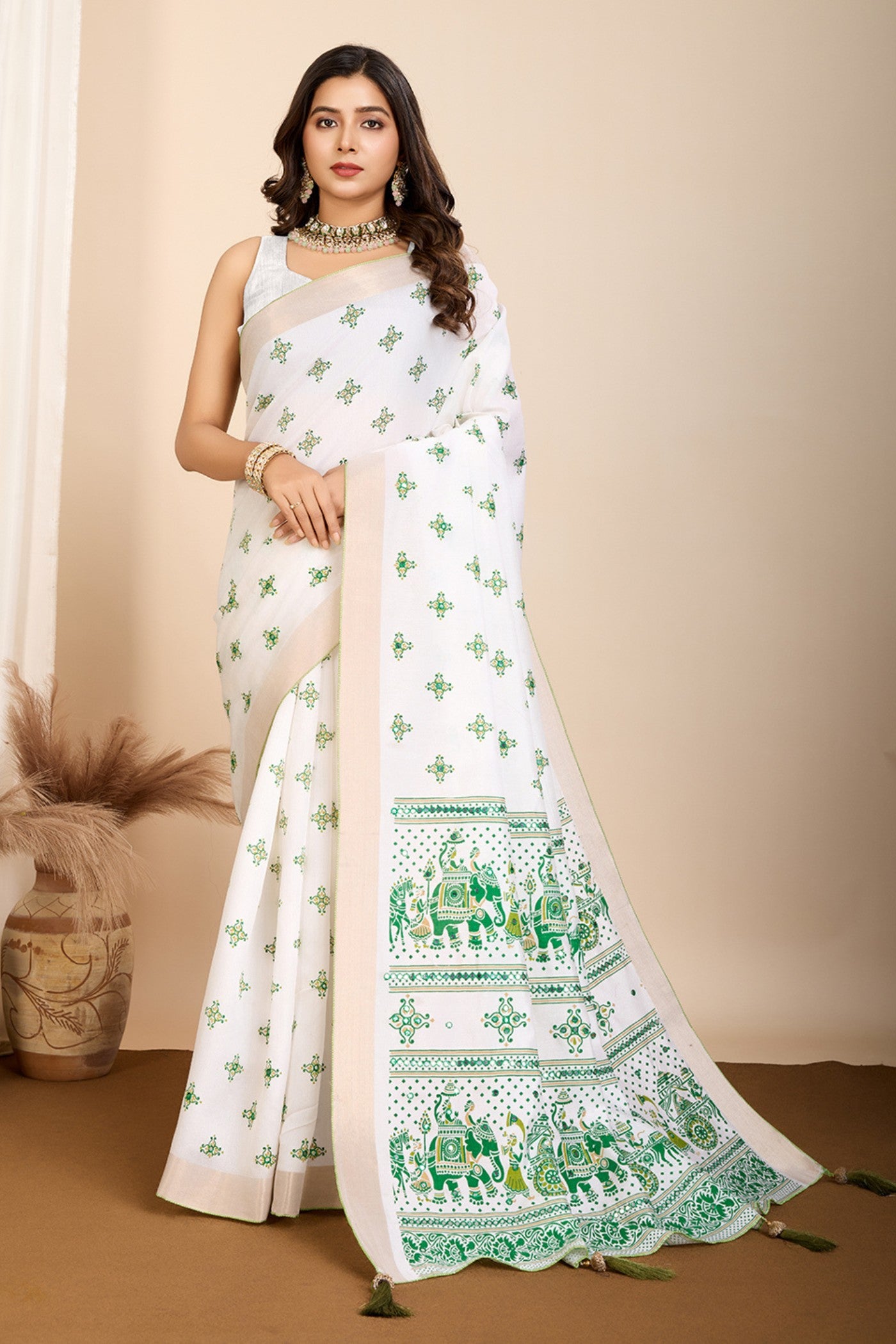 Buy MySilkLove Pearl White and Green Printed Cotton Designer Saree Online