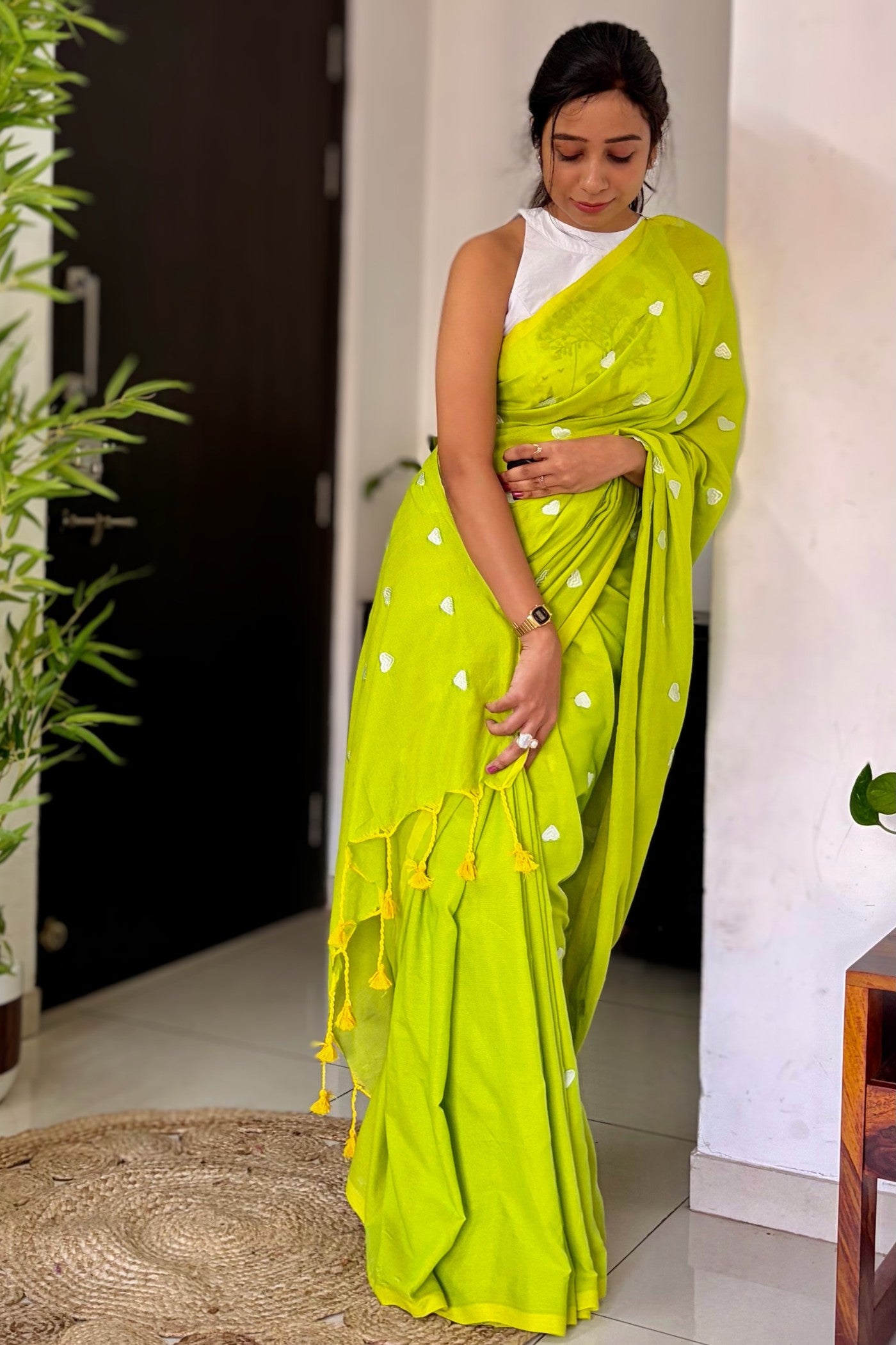 Buy MySilkLove Leaf Green Cotton Digital Printed Saree Online
