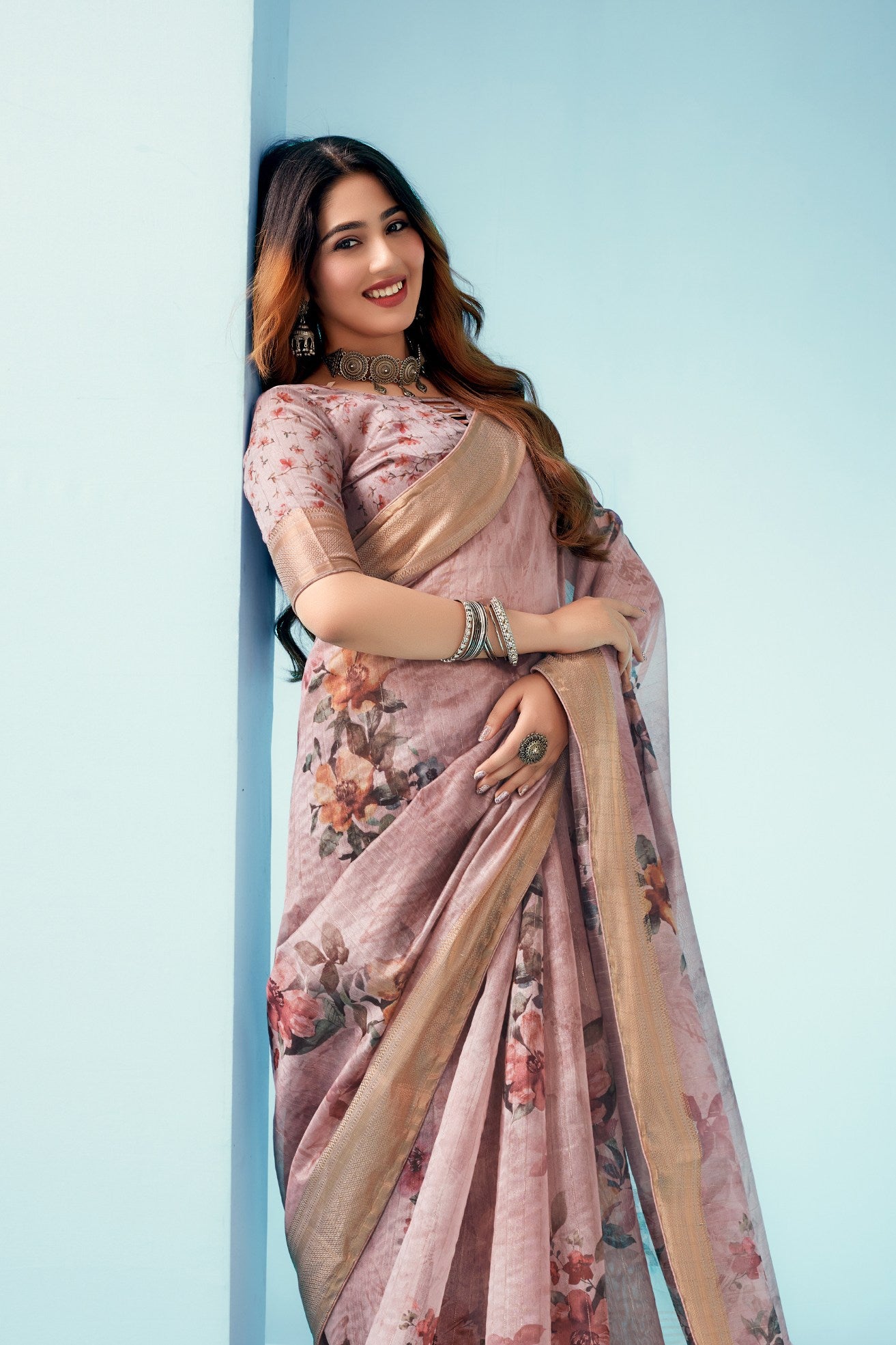 Buy MySilkLove Clam Shell Pink Floral Linen Saree Online