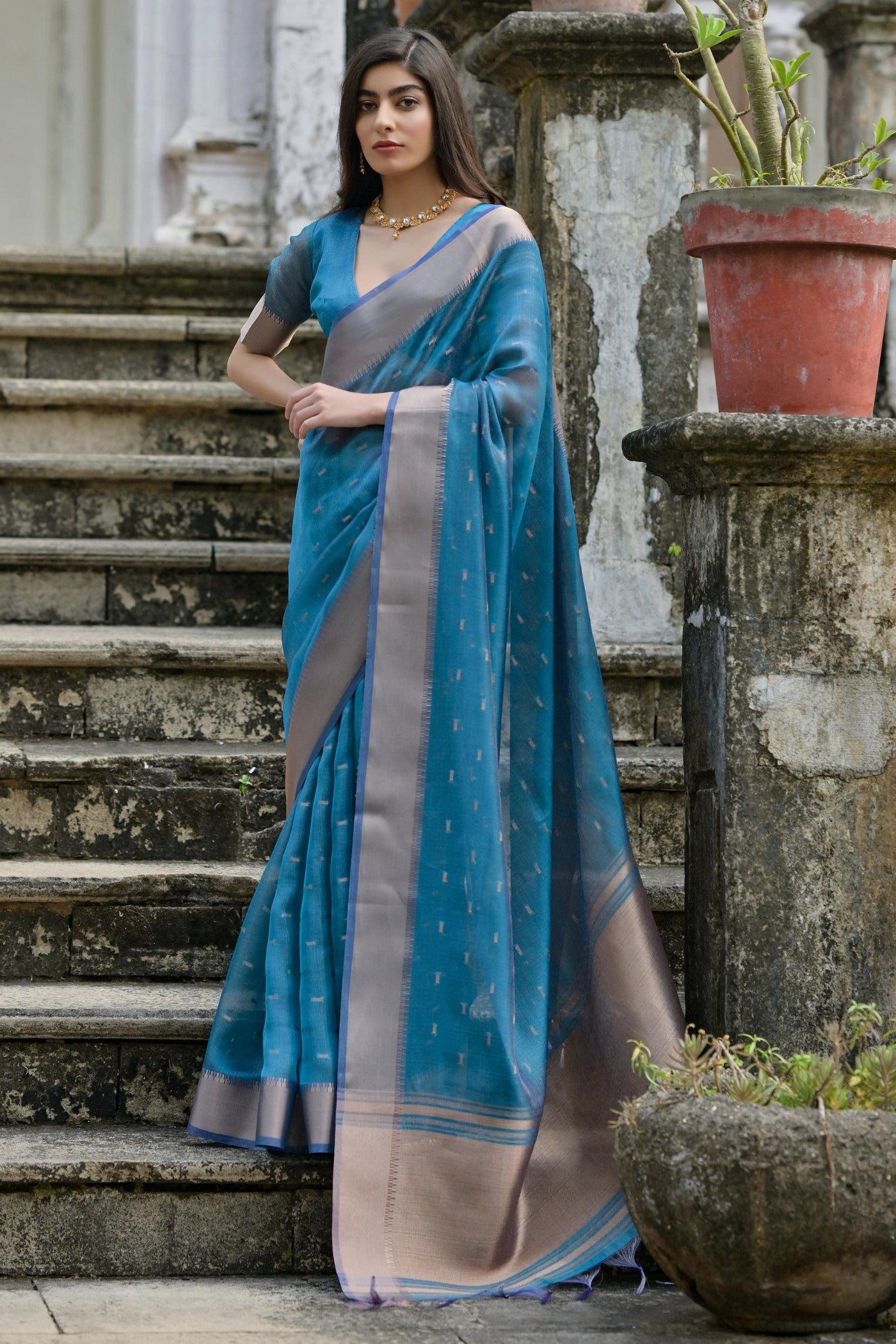 Buy MySilkLove Cyan Blue Woven Banarasi Saree Online