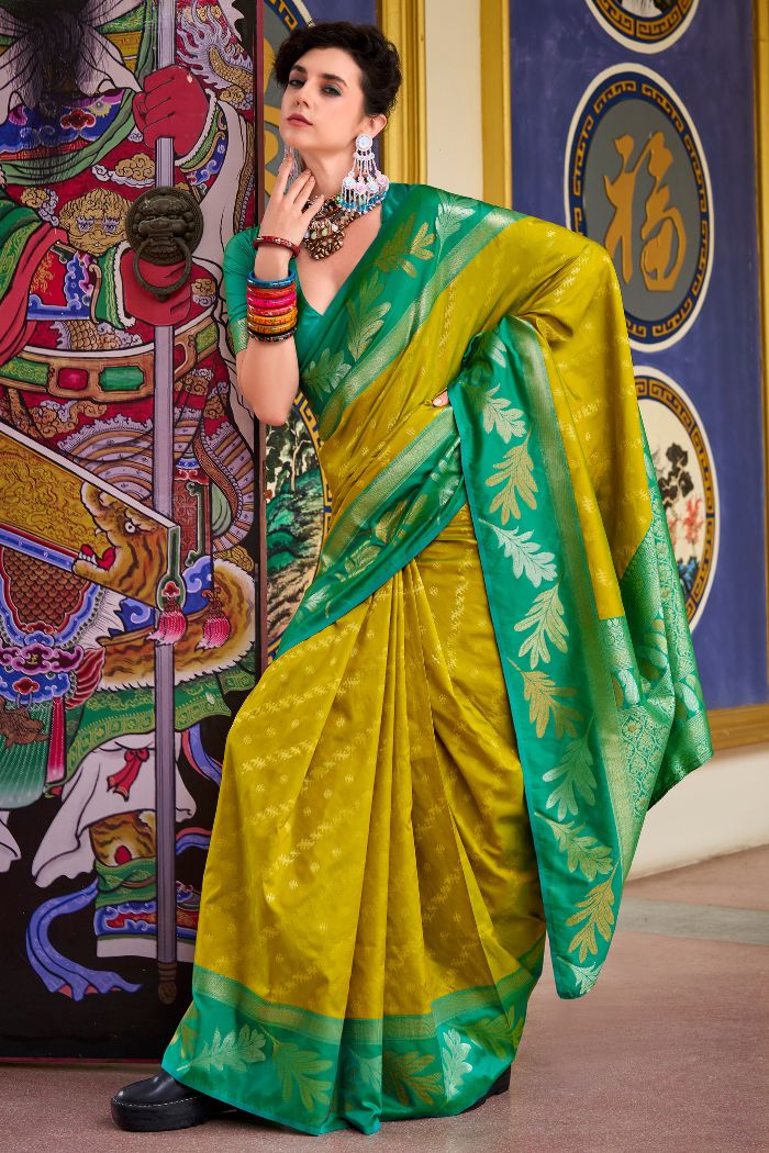 Buy MySilkLove Hot Toddy Yellow and Green Banarasi Soft Silk Saree Online