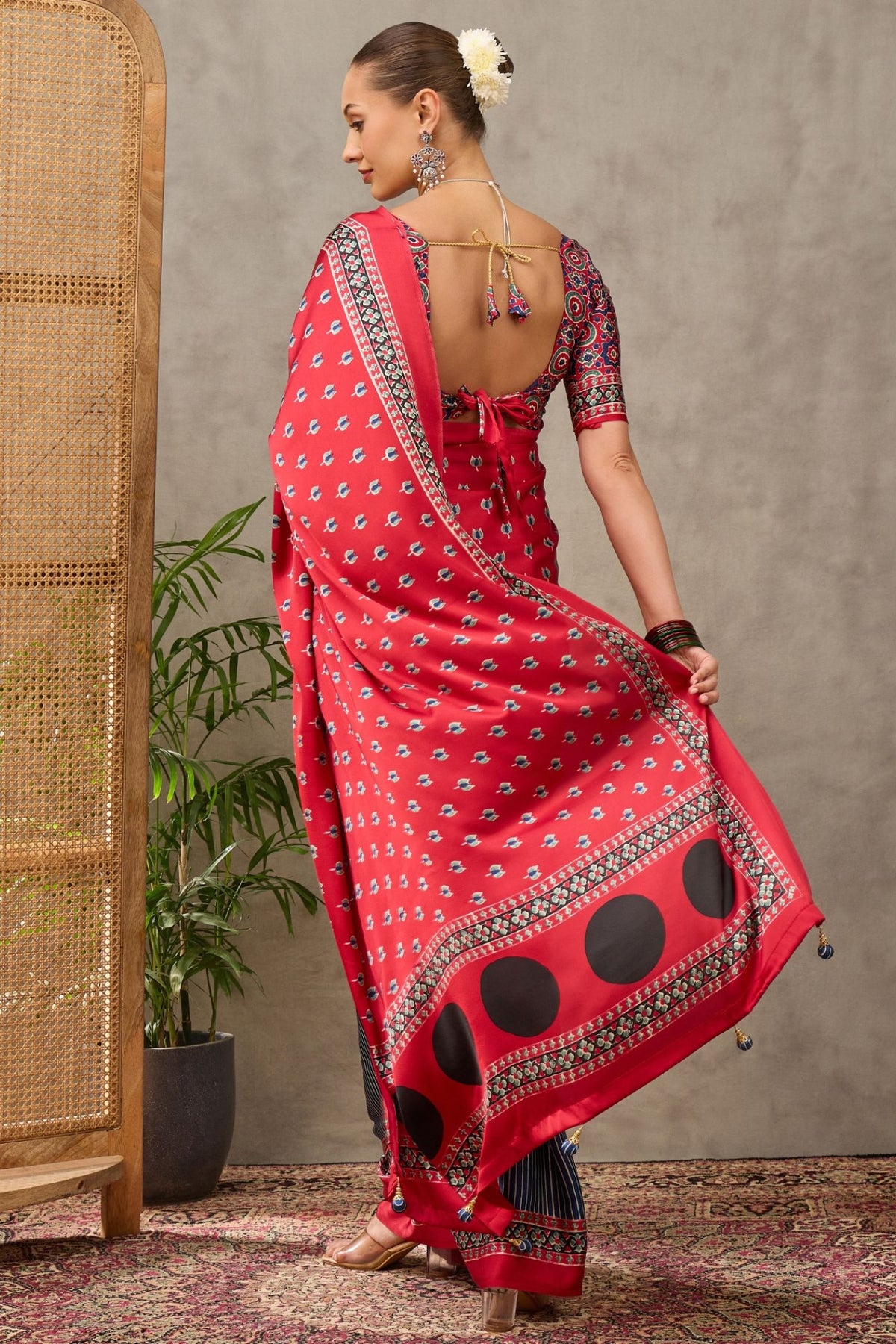 Buy MySilkLove Vermilion Red and Blue Modal Satin Printed Silk Saree Online