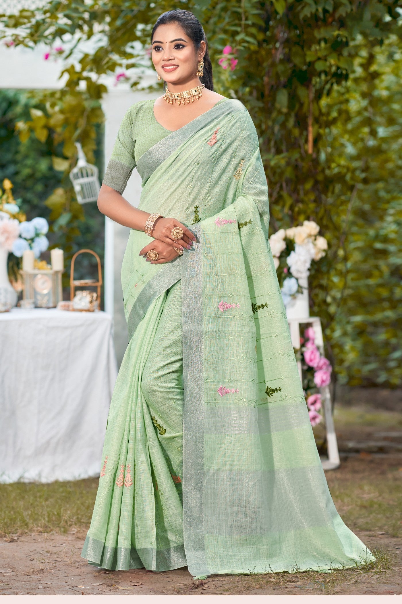 Buy MySilkLove Mint Green Woven Cotton Linen Saree Online