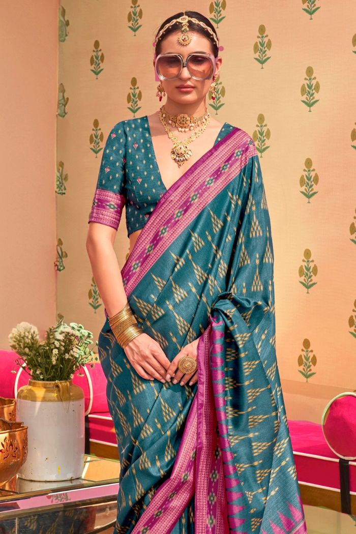 Buy MySilkLove Water Blue Printed Banarasi Soft Silk Saree Online