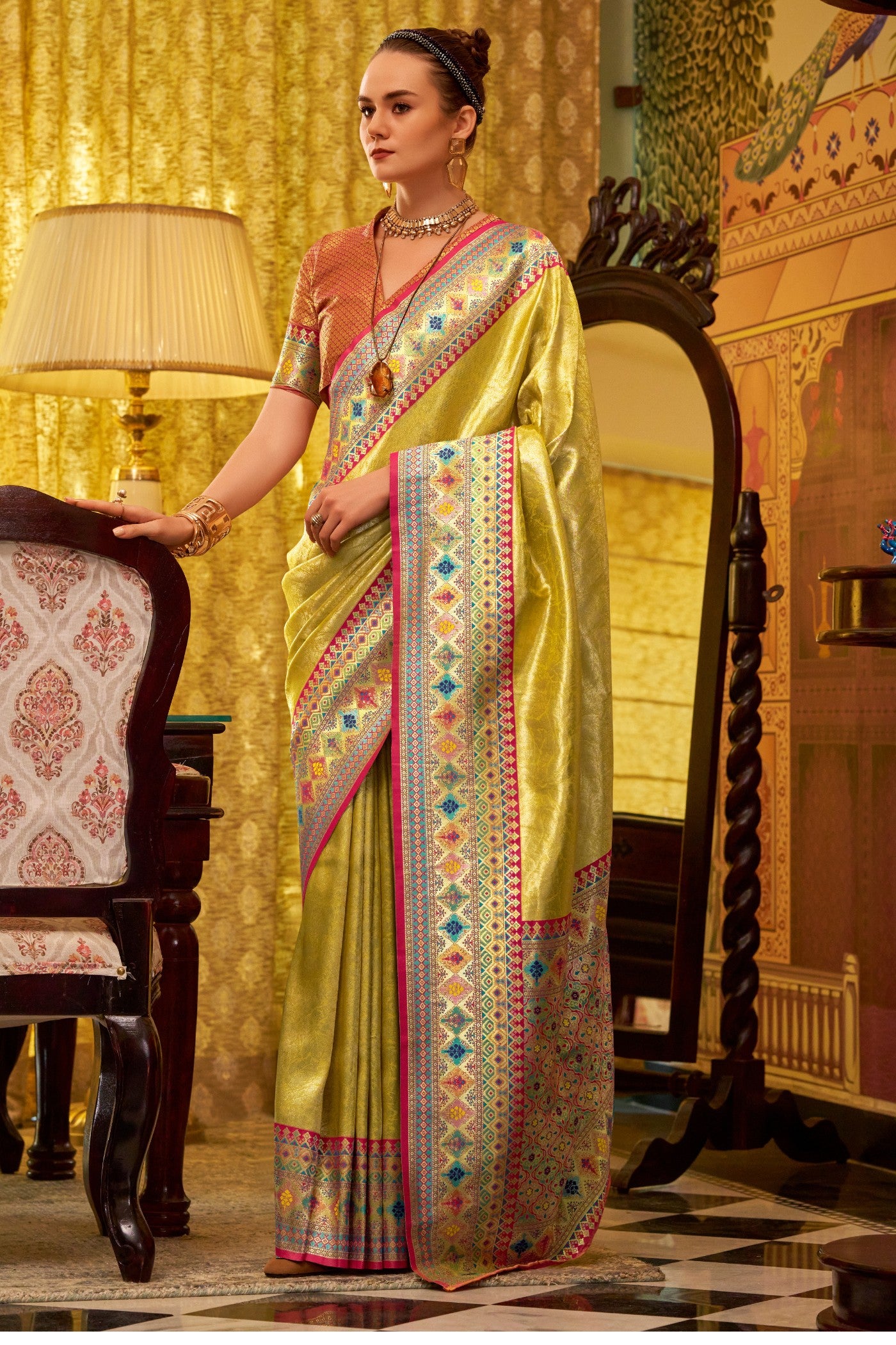 Buy MySilkLove Fuel Yellow Woven Tissue Silk Saree Online