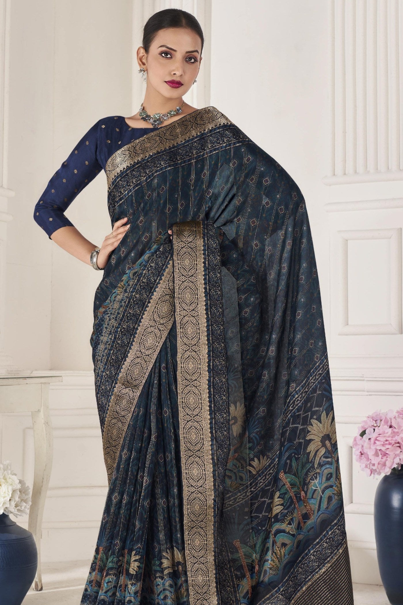 Buy MySilkLove Ebony Clay Blue Banarasi Silk Saree Online