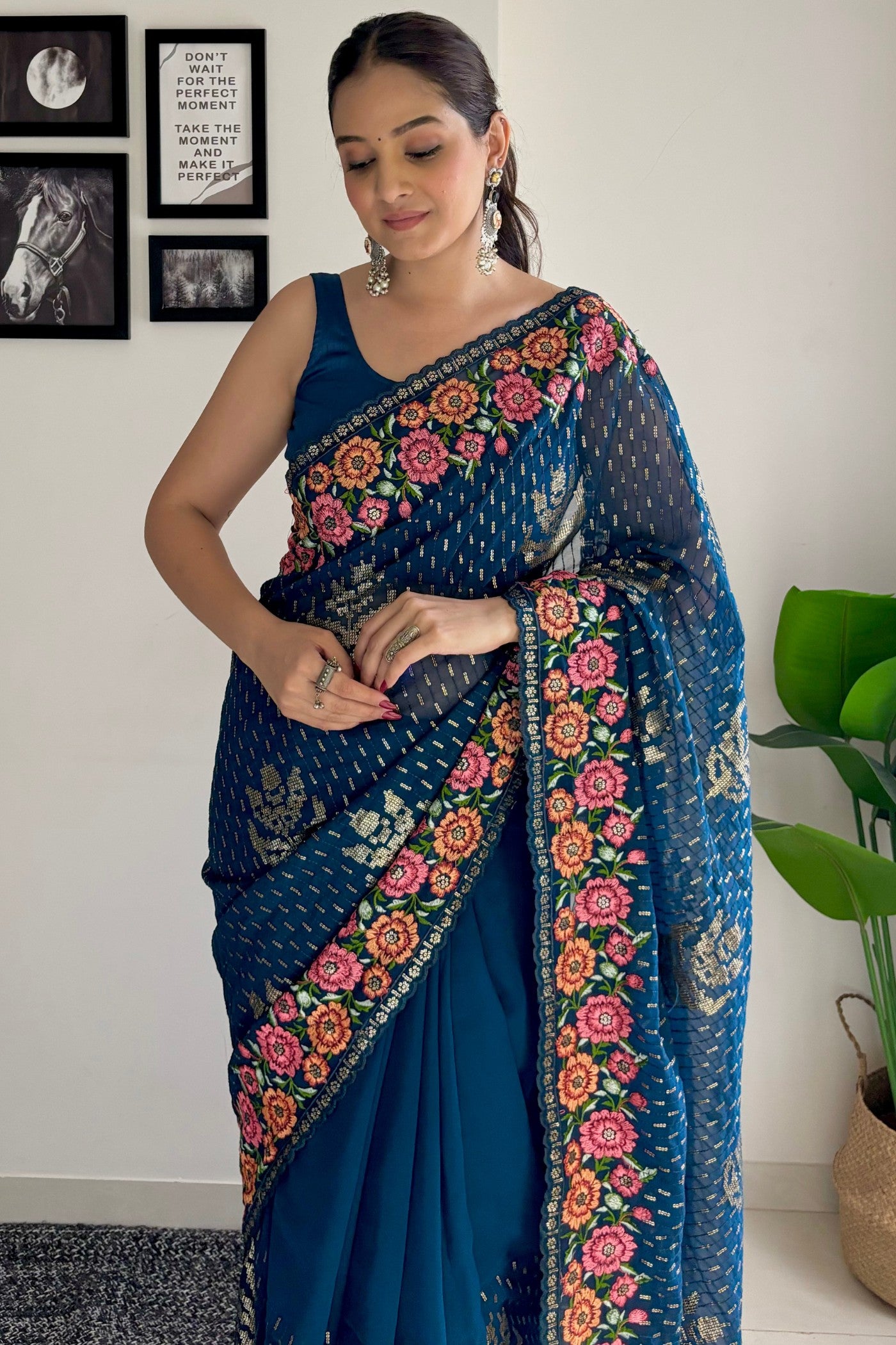 MySilkLove Teal Blue Embroidery Designer Georgette Saree