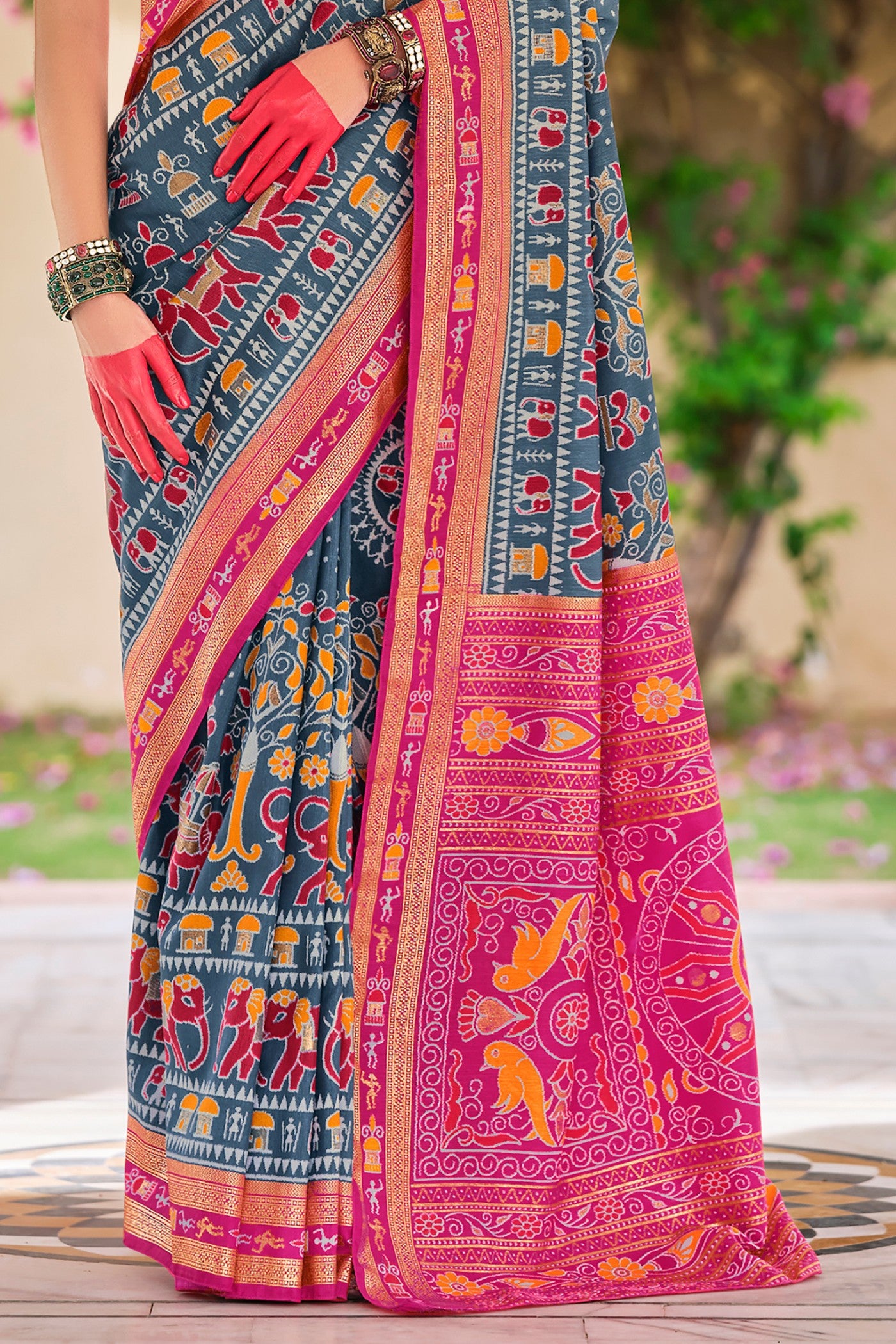 Buy MySilkLove Horizon Blue and Pink Printed Patola Saree Online