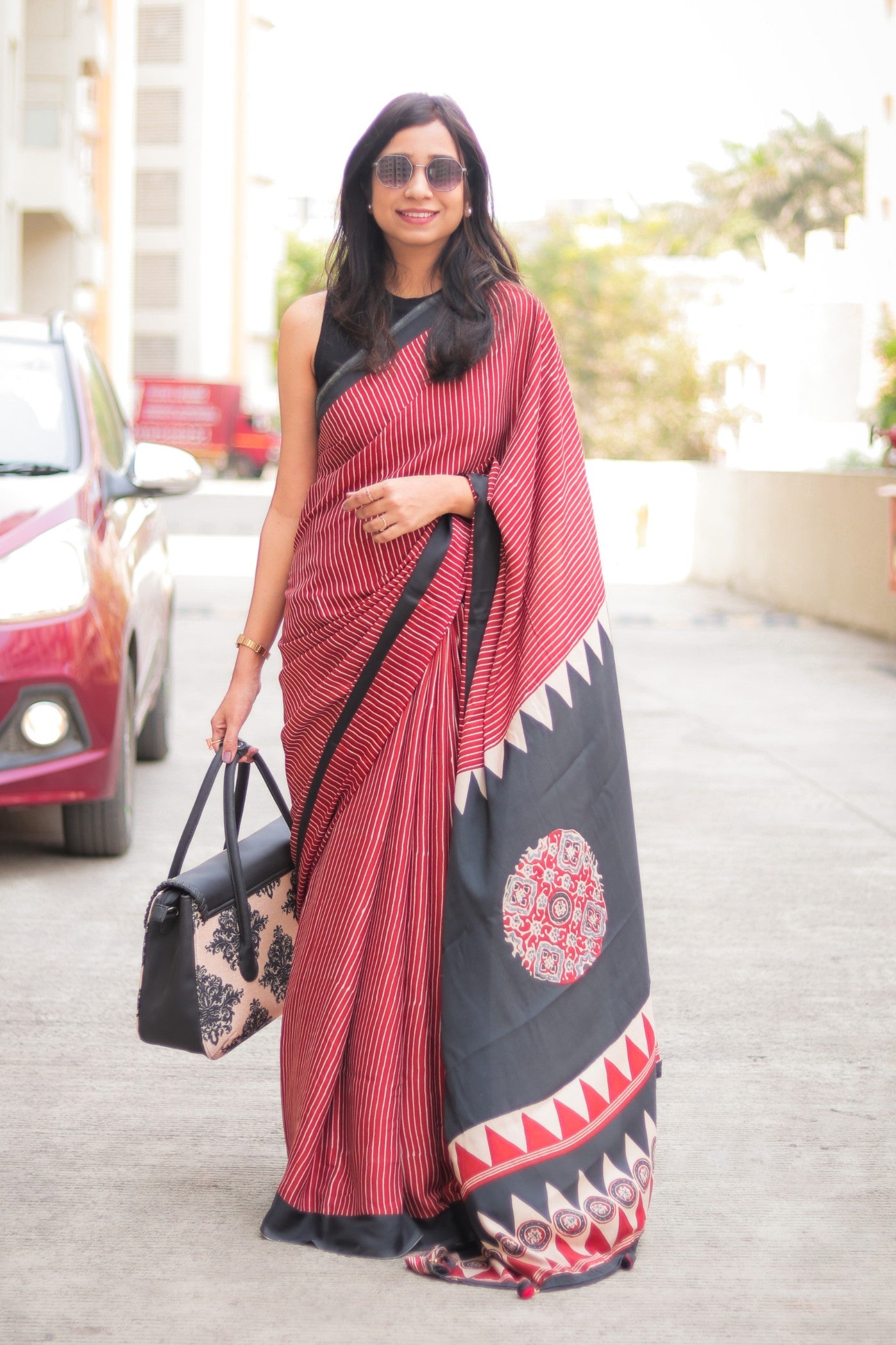 Buy MySilkLove Dark Chestnut Red Ajrakh Printed Satin Crepe Silk Saree Online