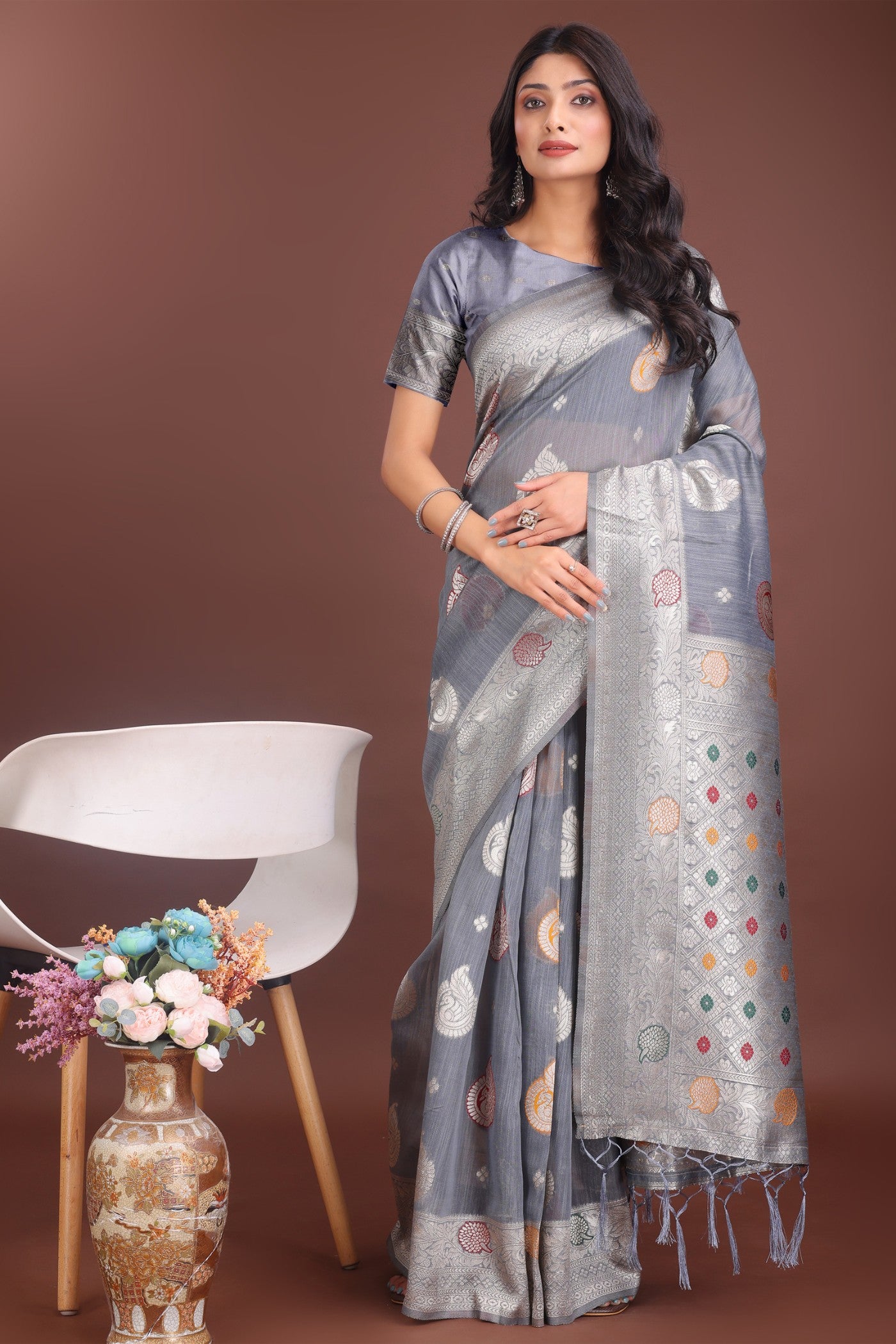 Buy MySilkLove Coral Grey Linen Cotton Saree Online