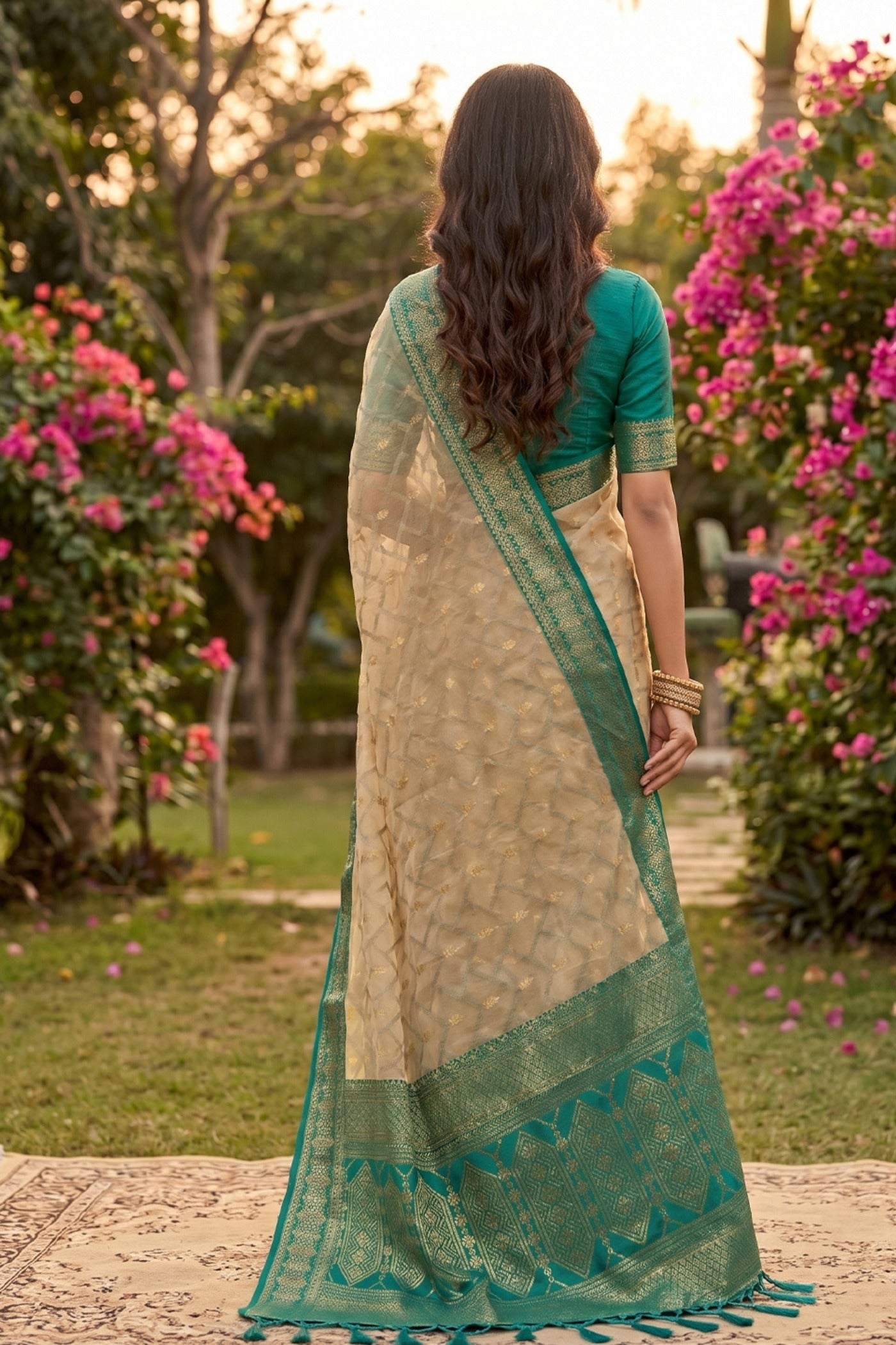 Buy MySilkLove Bone Cream and Green Woven Banarasi Cotton Saree Online