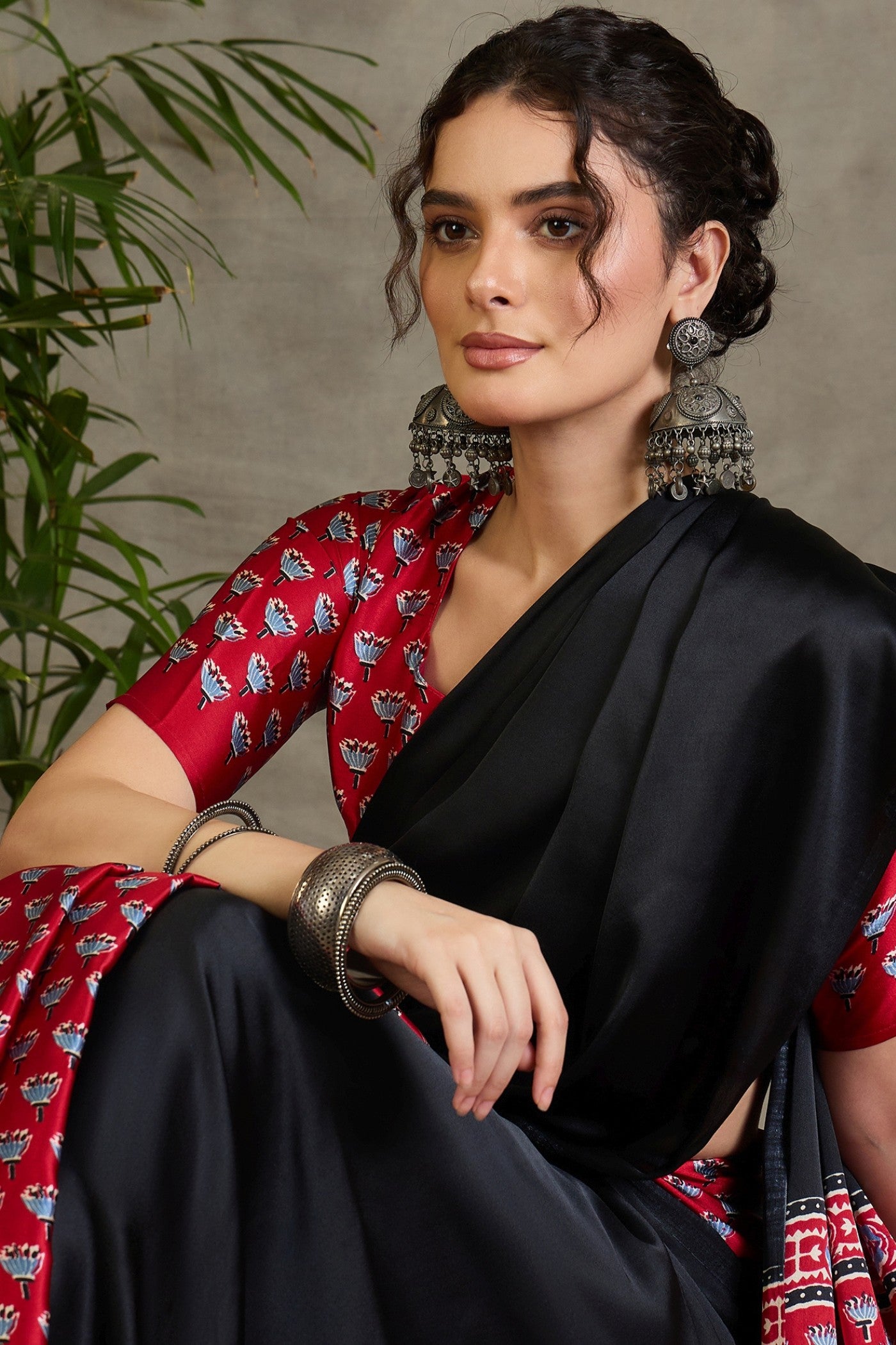 Buy MySilkLove Mini Black and Red Ajrakh Printed Satin Crepe Silk Saree Online
