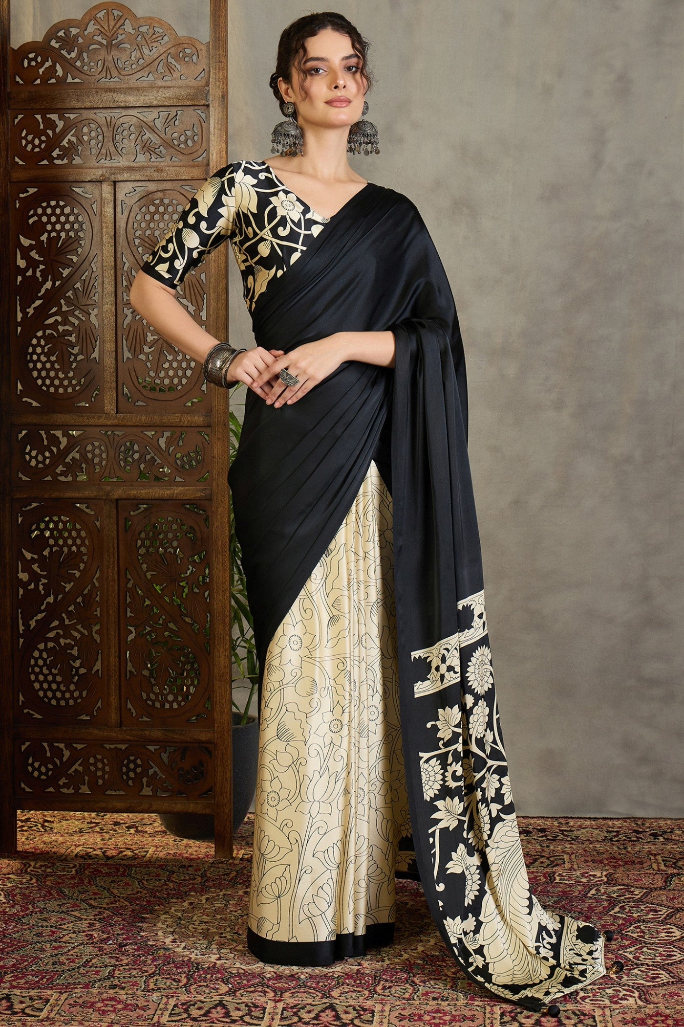 Buy MySilkLove Crow Black and Cream Kalamkari Printed Satin Silk Saree Online