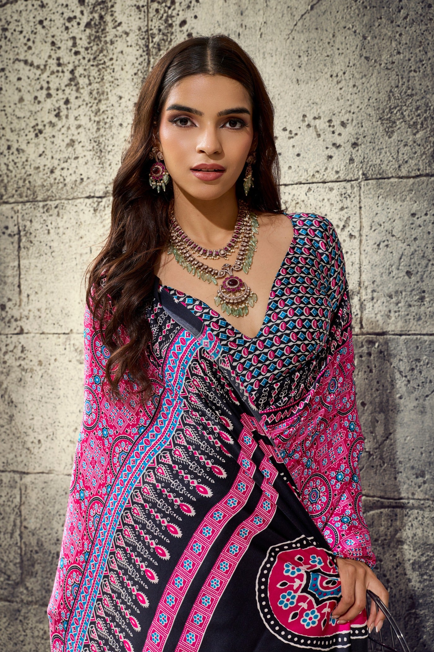 Buy MySilkLove Magenta Pink Modal Ajrakh Satin Printed Silk Saree Online