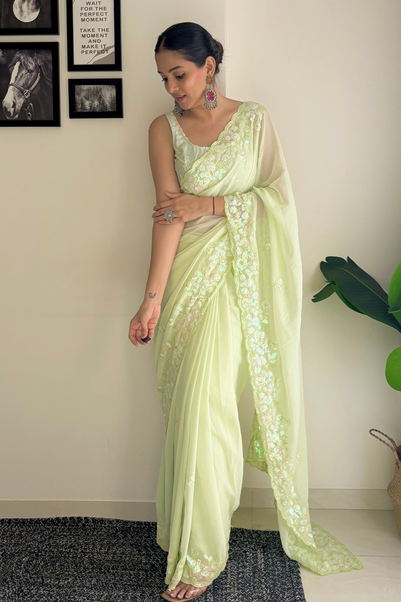 Buy MySilkLove Pineapple Green Embroidery Georgette saree Online