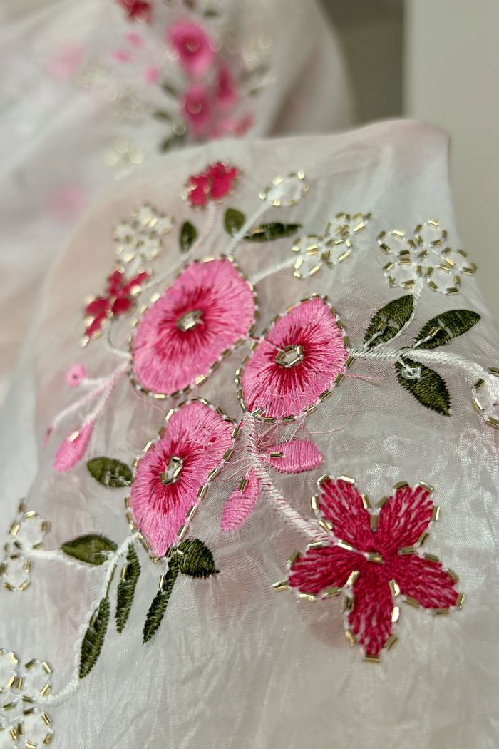 Buy MySilkLove Snow White Floral Hand Embroidered Crush Tissue Saree Without Blouse Online